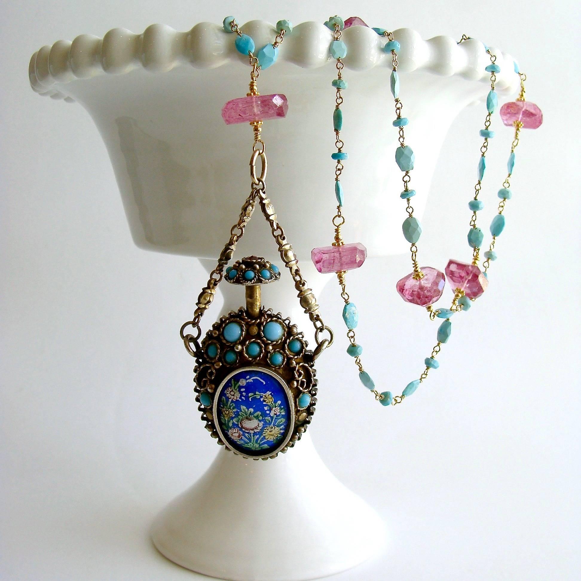 Turquoise Austro Hungarian Chatelaine Cloisonné Scent Bottle Necklace  In New Condition In Colleyville, TX