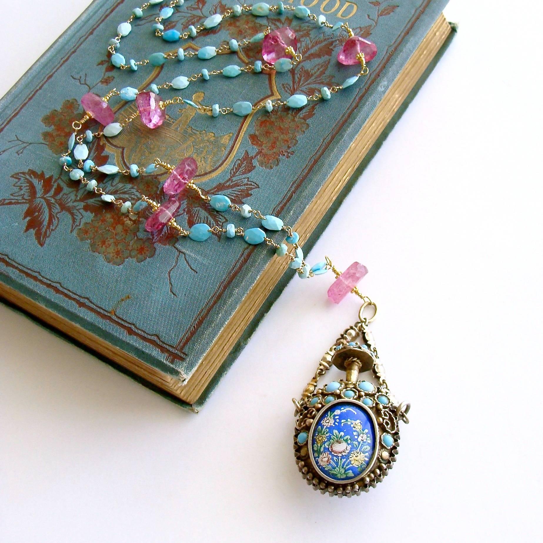 Women's Turquoise Austro Hungarian Chatelaine Cloisonné Scent Bottle Necklace 