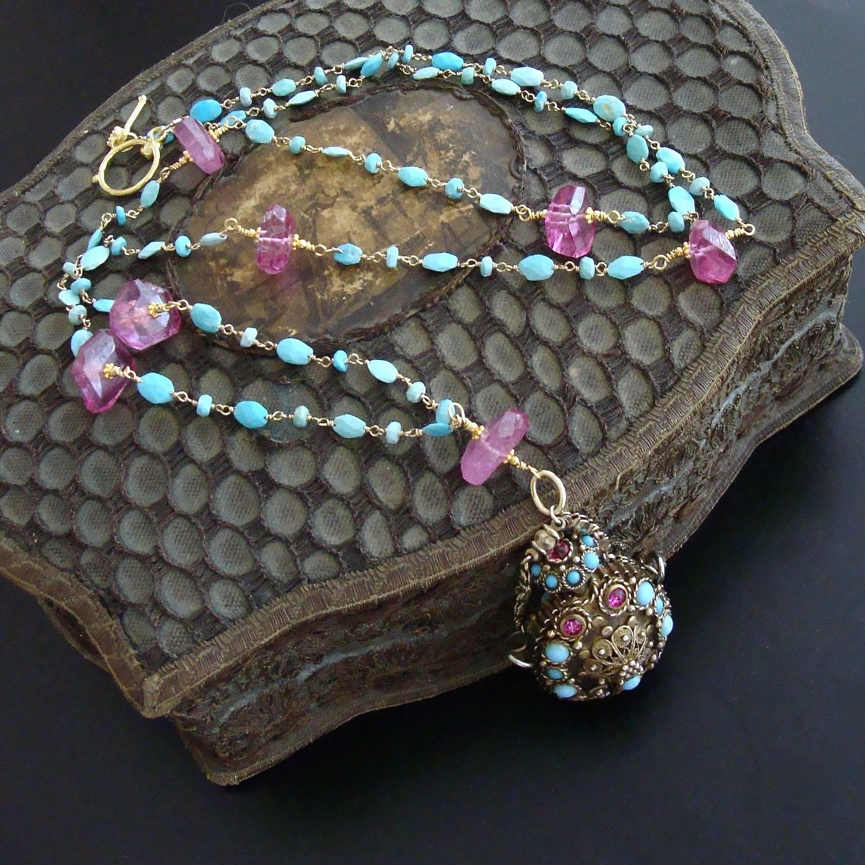 Turquoise Austro Hungarian Chatelaine Cloisonné Scent Bottle Necklace  1