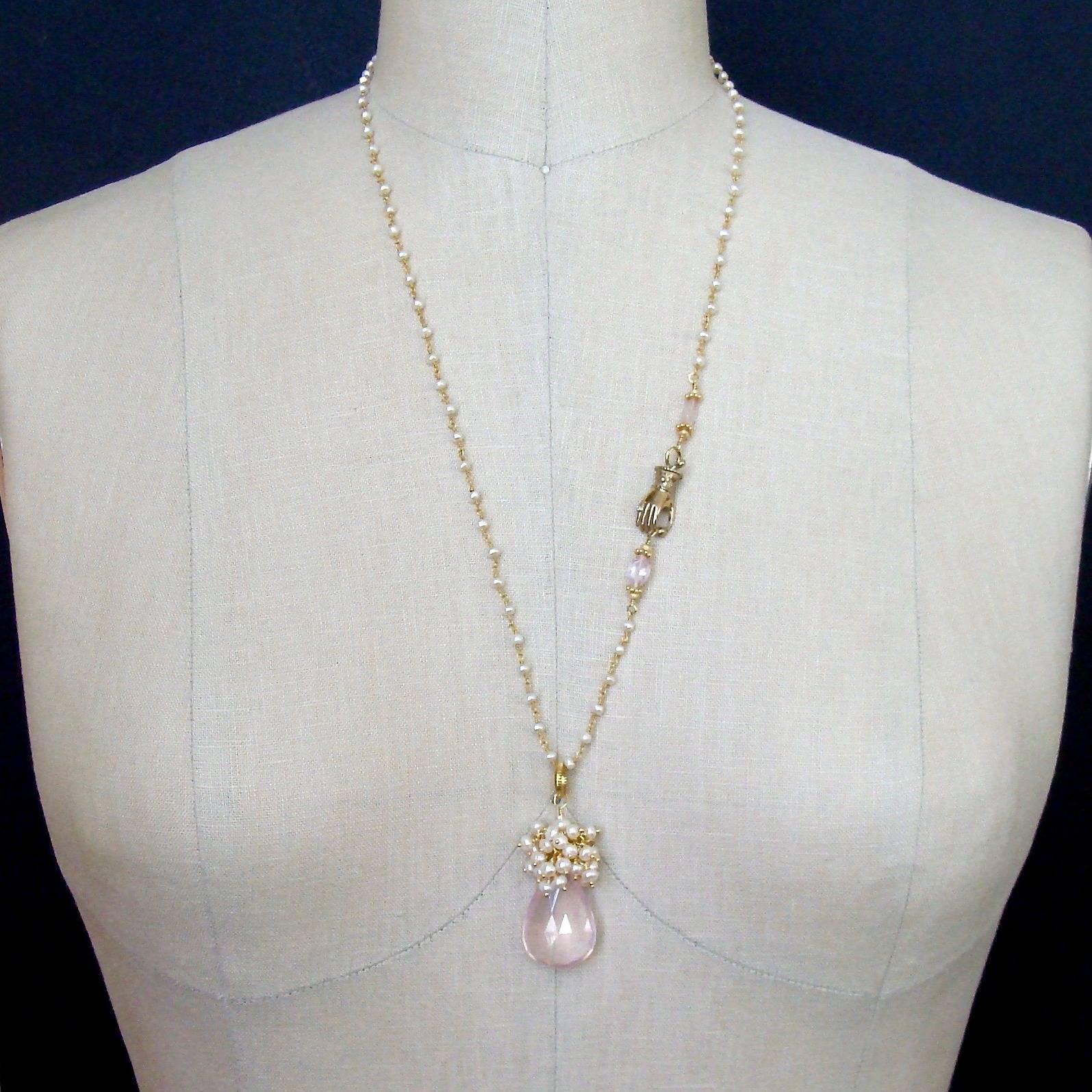 Victorian Rose Quartz Button Pearls Hand Clasp Necklace  In New Condition In Colleyville, TX
