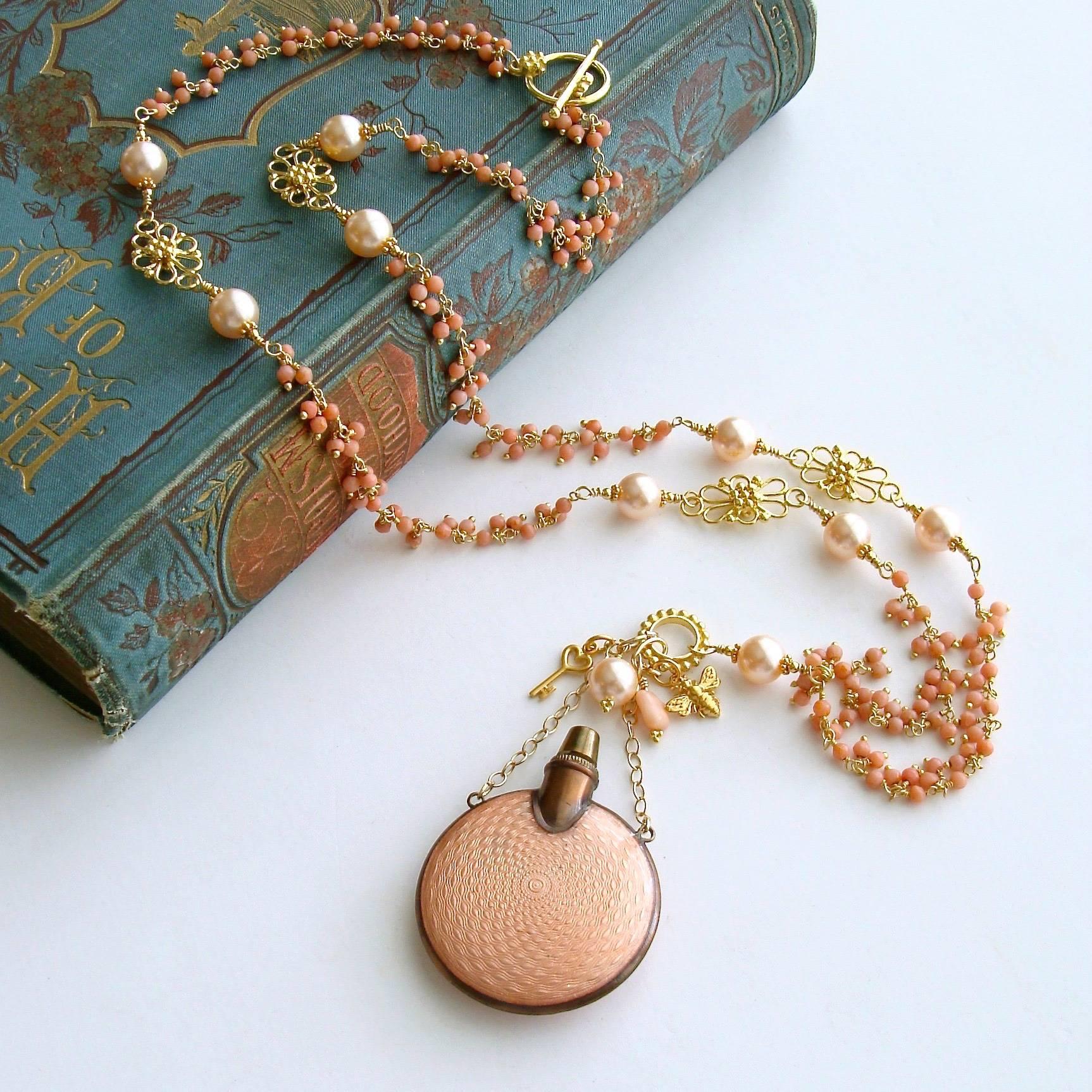 Victorian Guilloche Coral Cluster Chatelaine Scent Bottle Necklace
