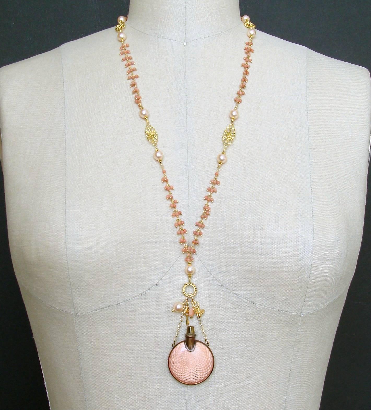 Guilloche Coral Cluster Chatelaine Scent Bottle Necklace In New Condition In Colleyville, TX