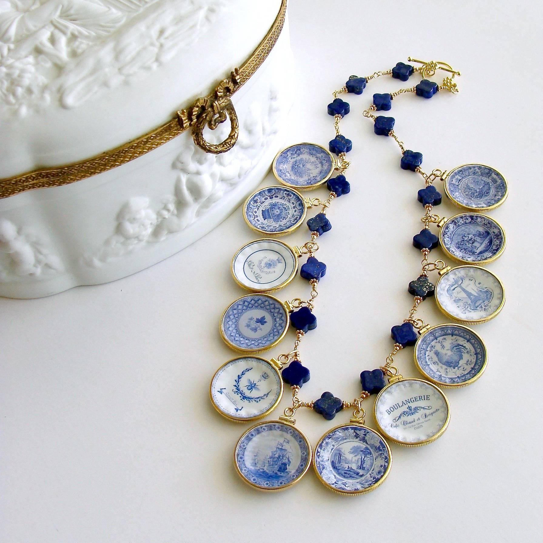 Artisan Lapis Quatrefoils Miniature Plates Charm Necklace