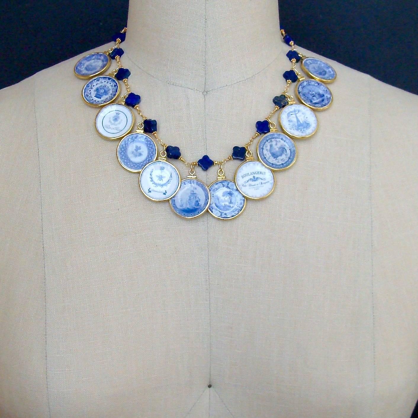 Lapis Quatrefoils Miniature Plates Charm Necklace In New Condition In Colleyville, TX