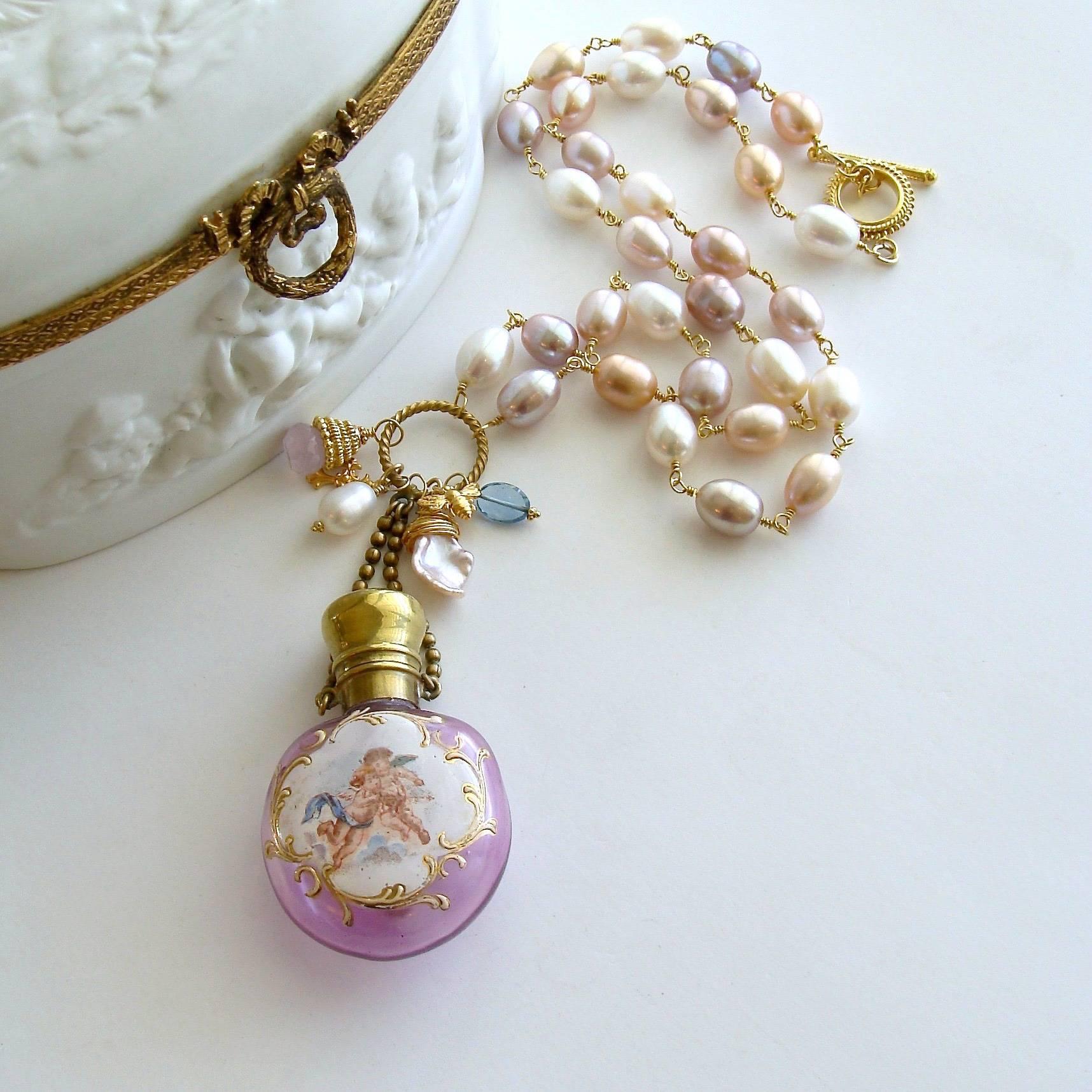 Victorian Pink Pearls Cherub Chatelaine Scent Bottle Necklace