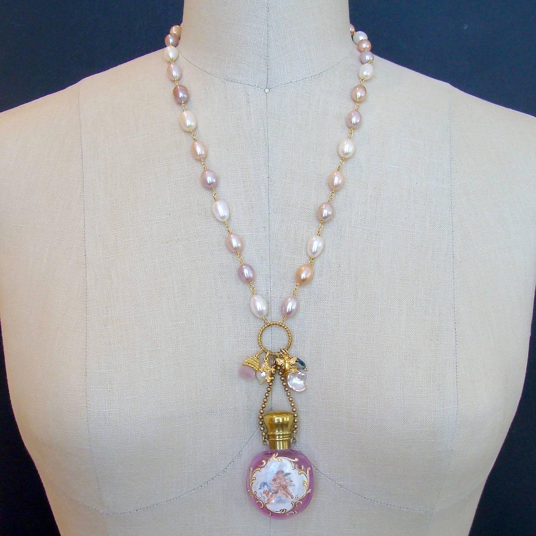 Women's Pink Pearls Cherub Chatelaine Scent Bottle Necklace