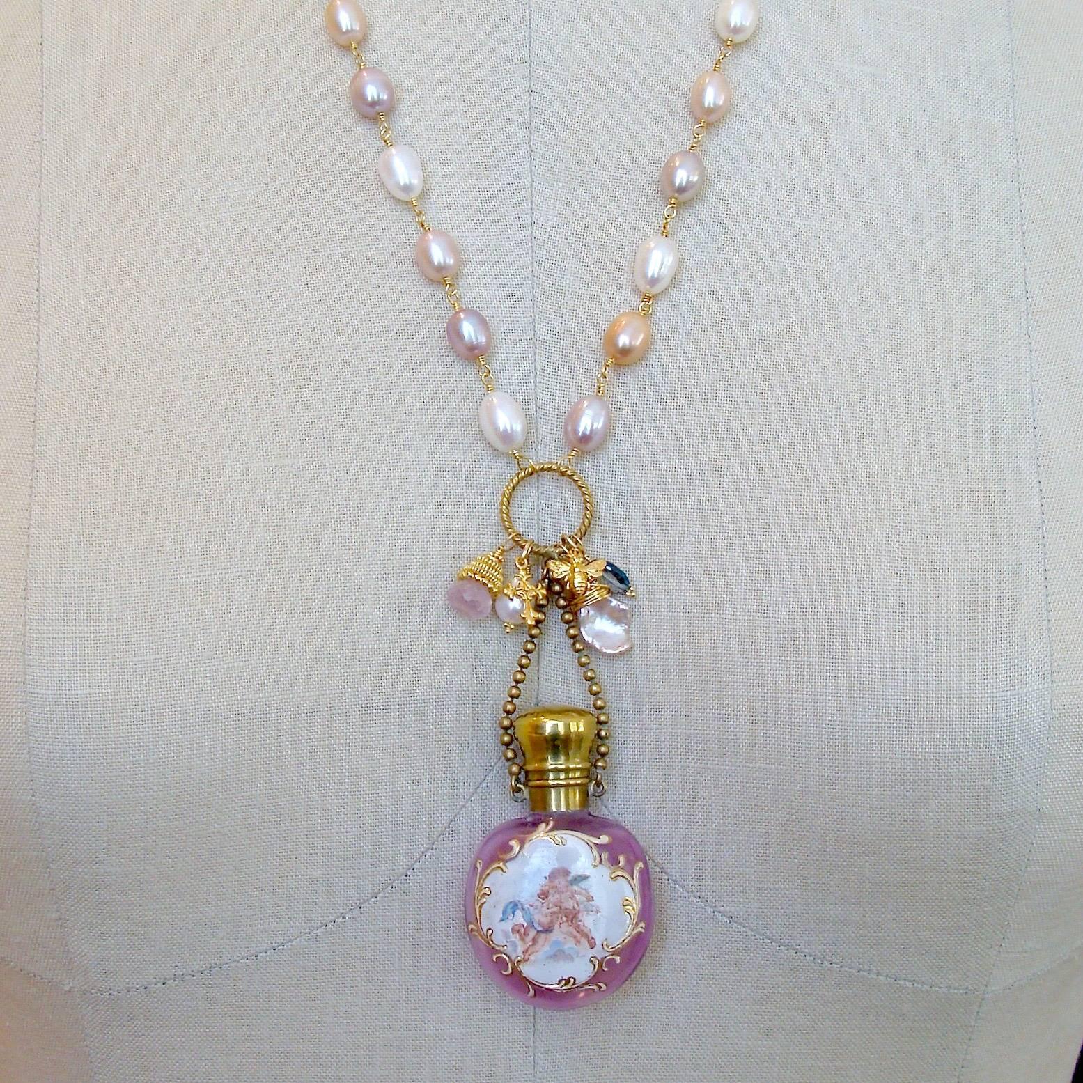 Pink Pearls Cherub Chatelaine Scent Bottle Necklace 1