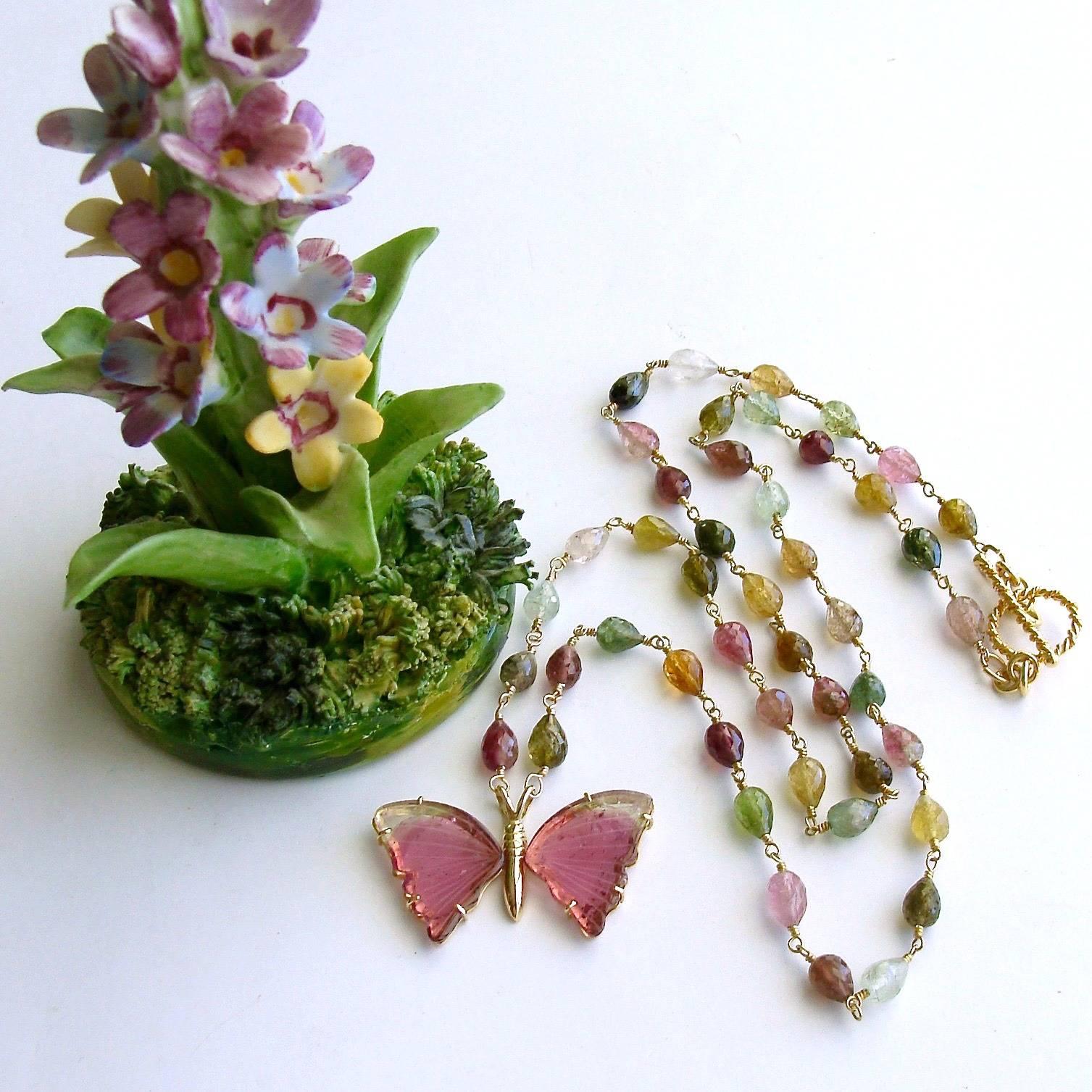 Artisan Pink Mint Green Watermelon Tourmaline Gold Butterfly Necklace
