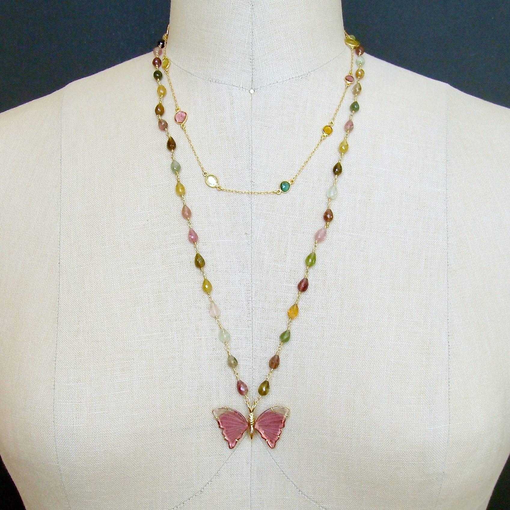 Pink Mint Green Watermelon Tourmaline Gold Butterfly Necklace In New Condition In Colleyville, TX