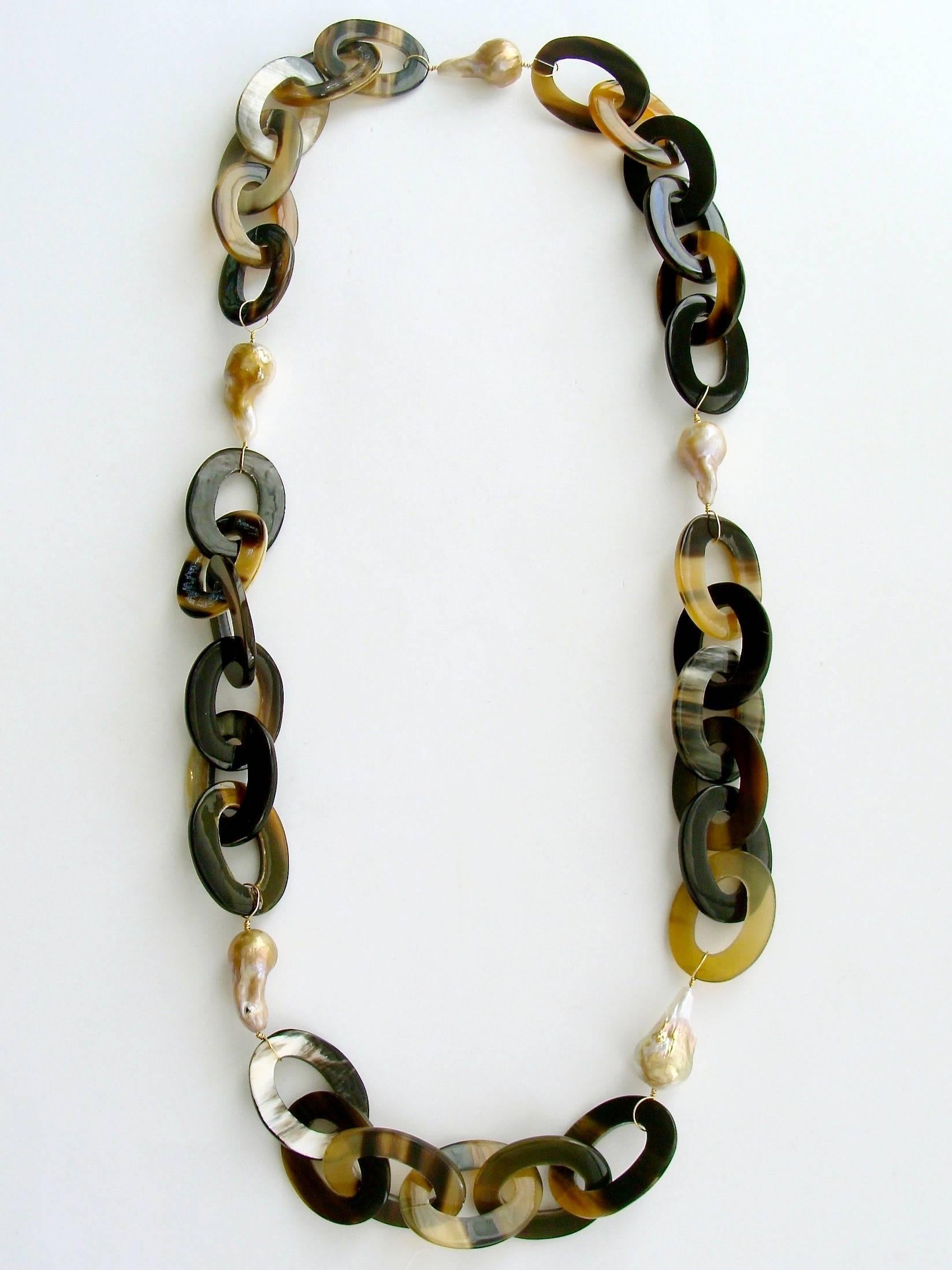 Artisan Buffalo Horn Flameball Pearls Link Chain Necklace