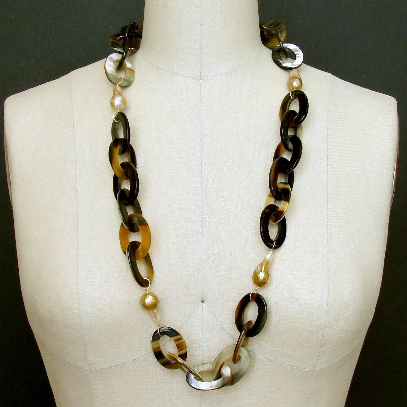 Women's Buffalo Horn Flameball Pearls Link Chain Necklace