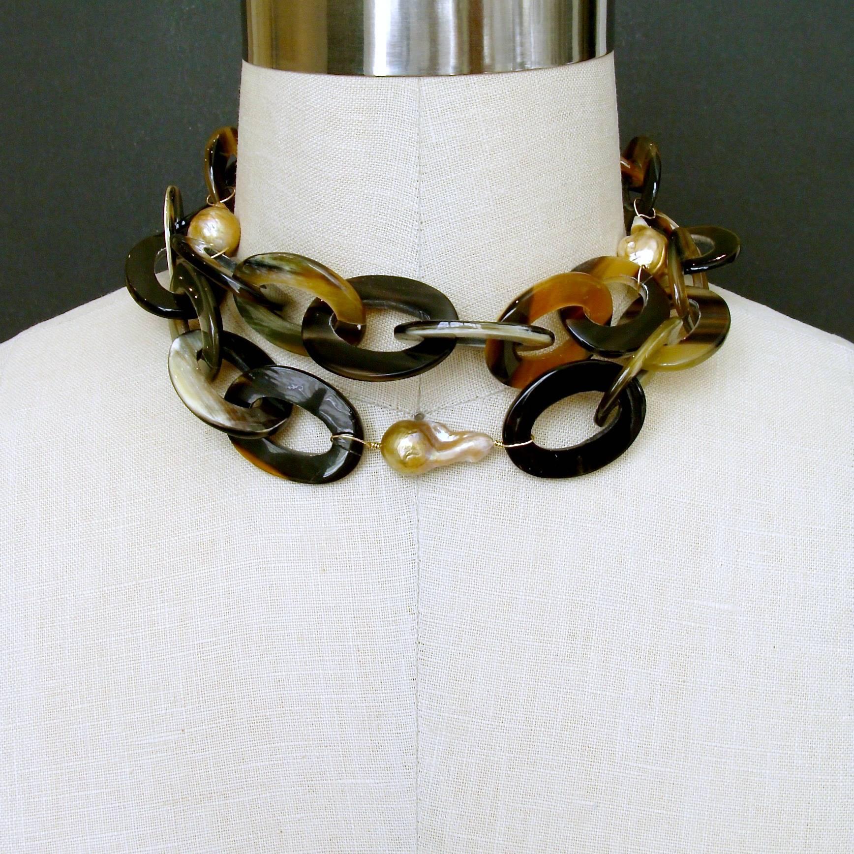 Buffalo Horn Flameball Pearls Link Chain Necklace 1