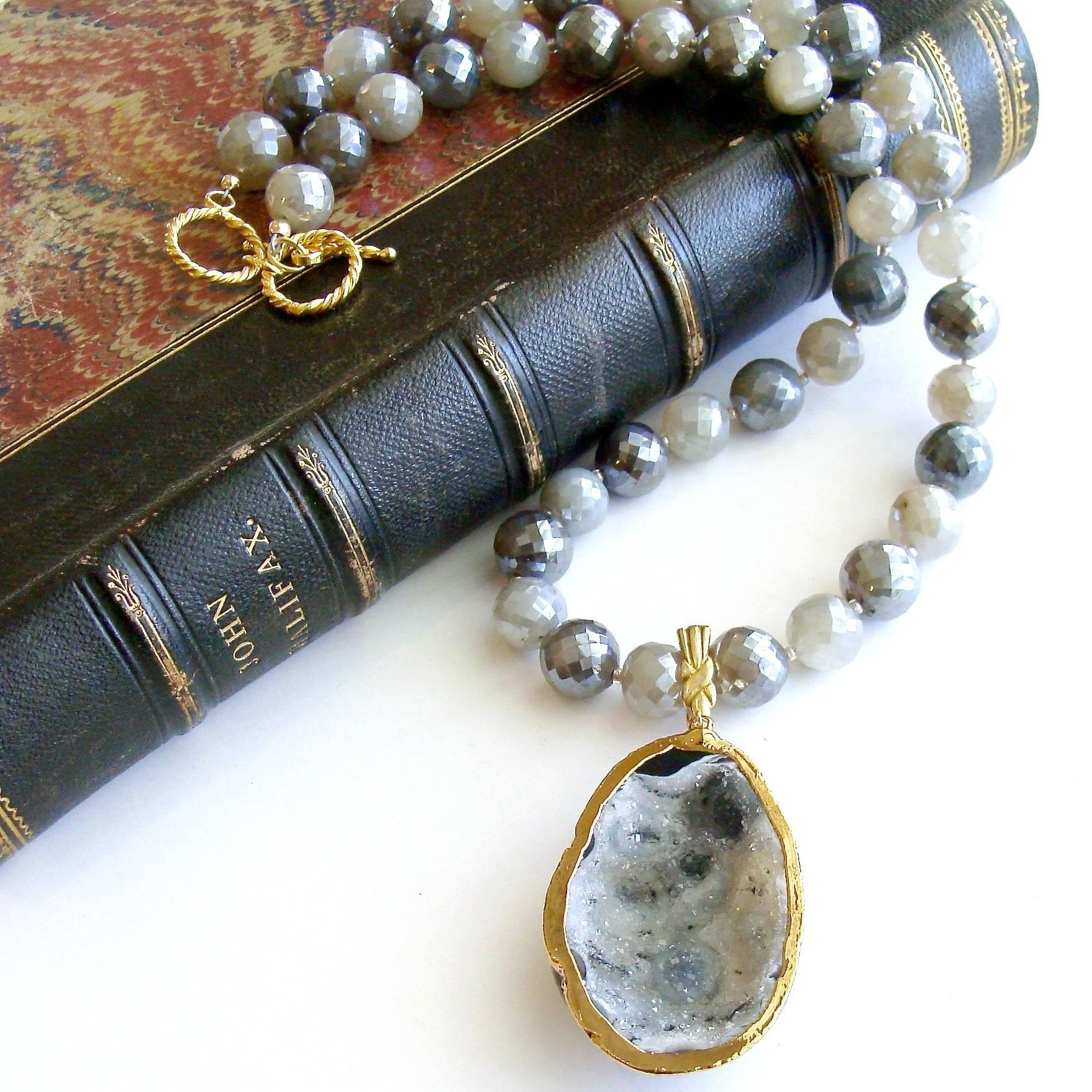 Artisan Mystic Moonstone Removable Agate Geode Druzy Egg Pendant Necklace 