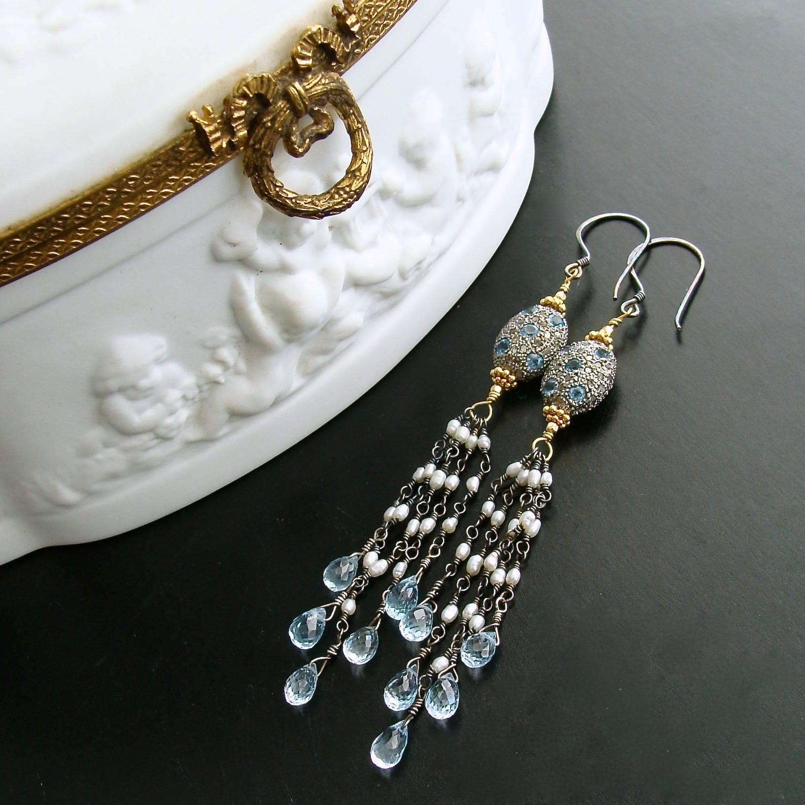 Artisan Diamond Pearls Blue Topaz Duster Tassel Earrings For Sale