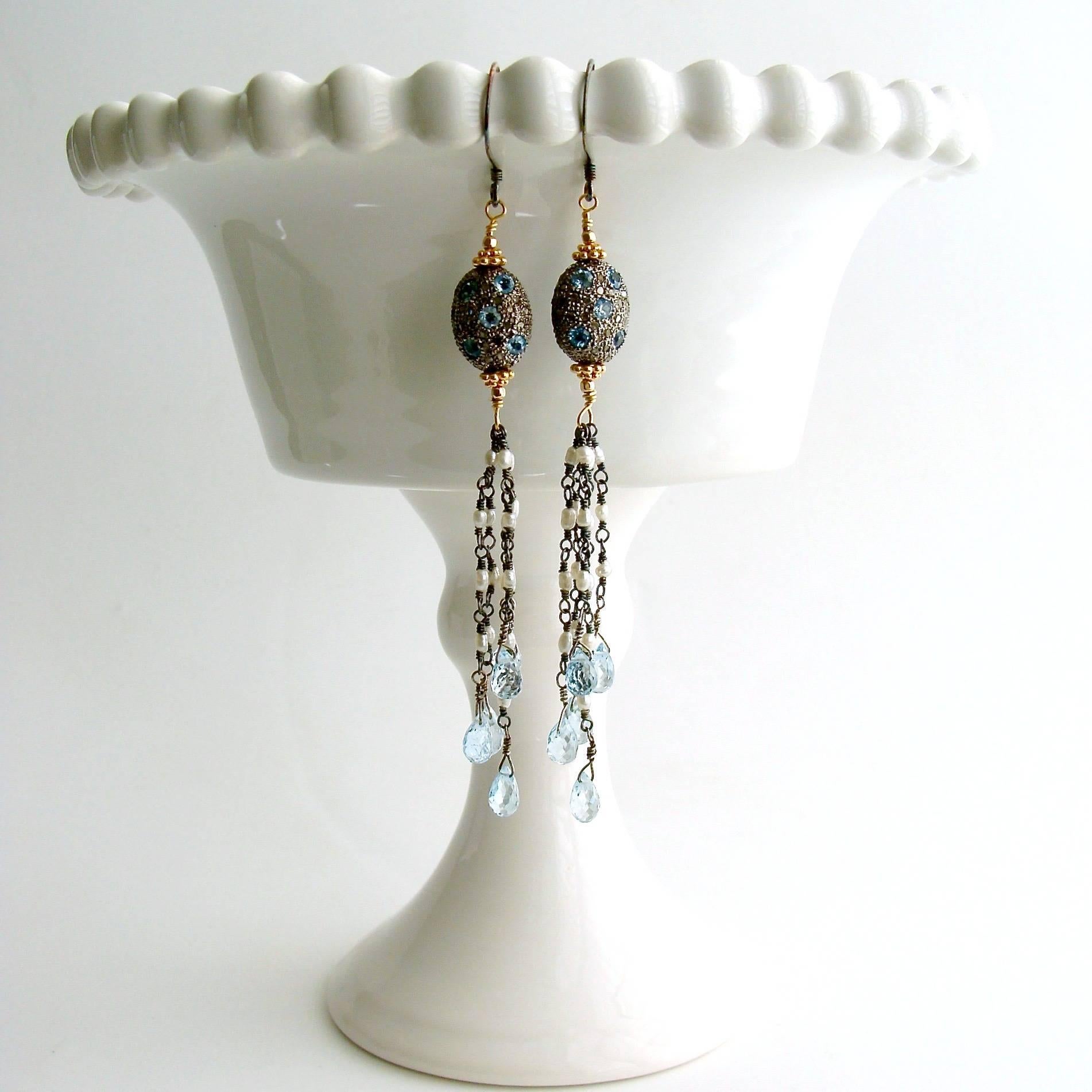 Women's Diamond Pearls Blue Topaz Duster Tassel Earrings For Sale