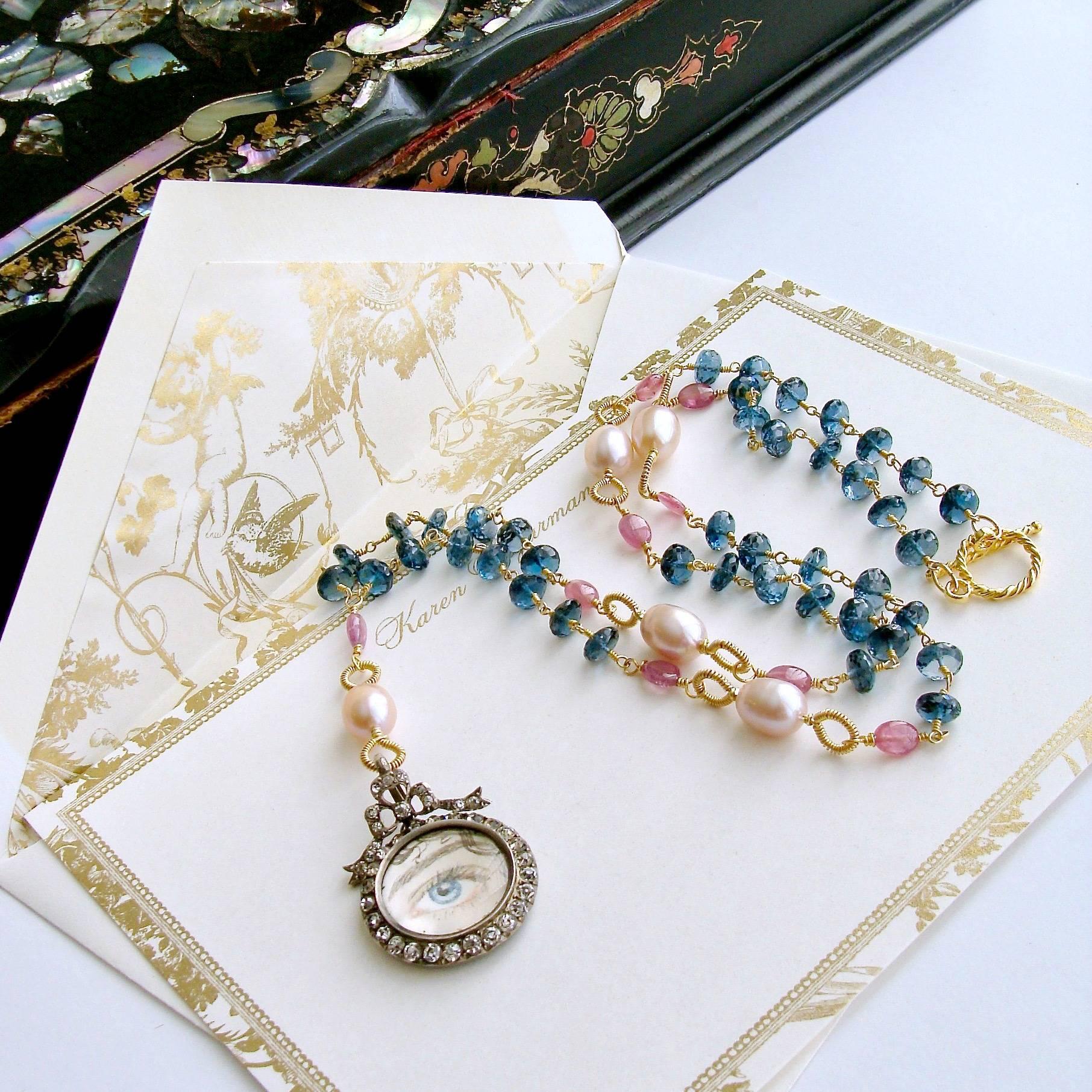 Veronica Necklace.

An enchanting hand-painted watercolor of a miniature Lover’s Eye was recently commissioned to marry the charming folklore of it’s antique counterparts with a gorgeous Edwardian antique silver paste locket.  The stunning and