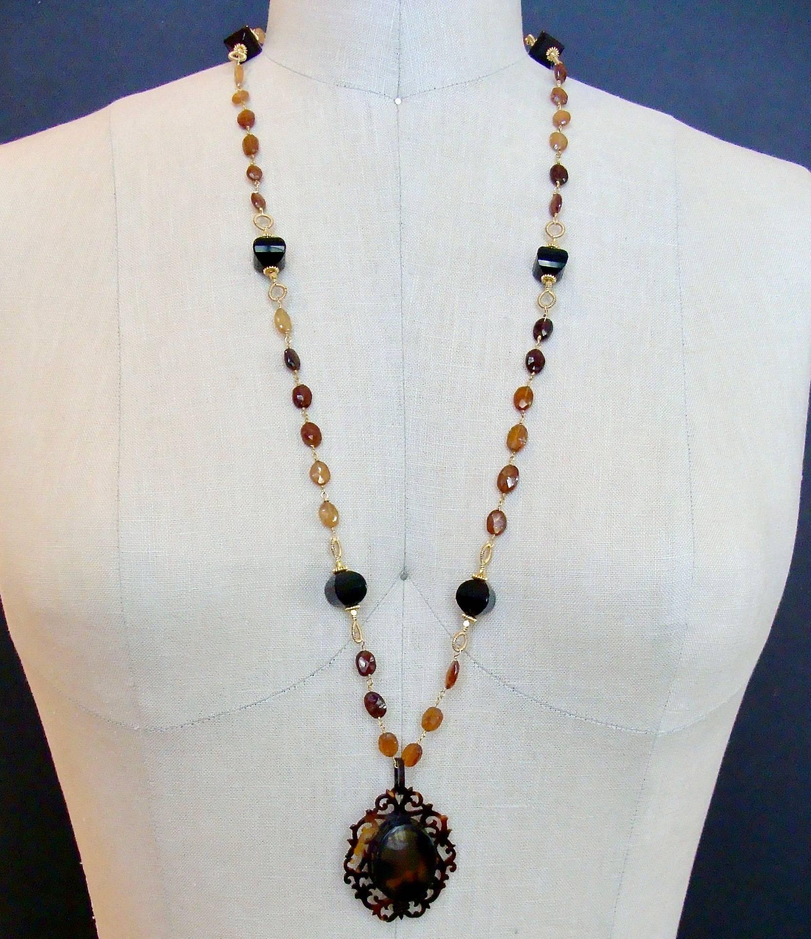 Victorian Celluloid Faux Tortoise Cartouche Locket and Hessonite Onyx Necklace 1