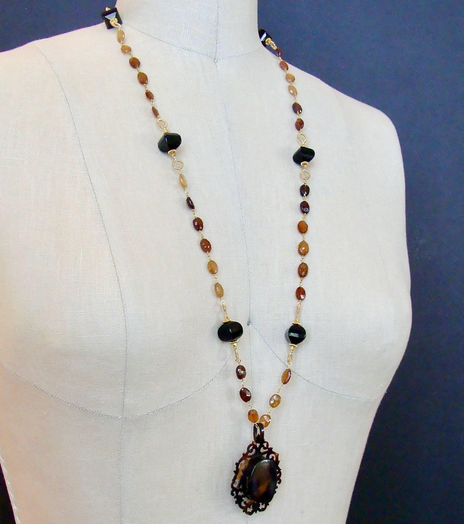 Victorian Celluloid Faux Tortoise Cartouche Locket and Hessonite Onyx Necklace 2