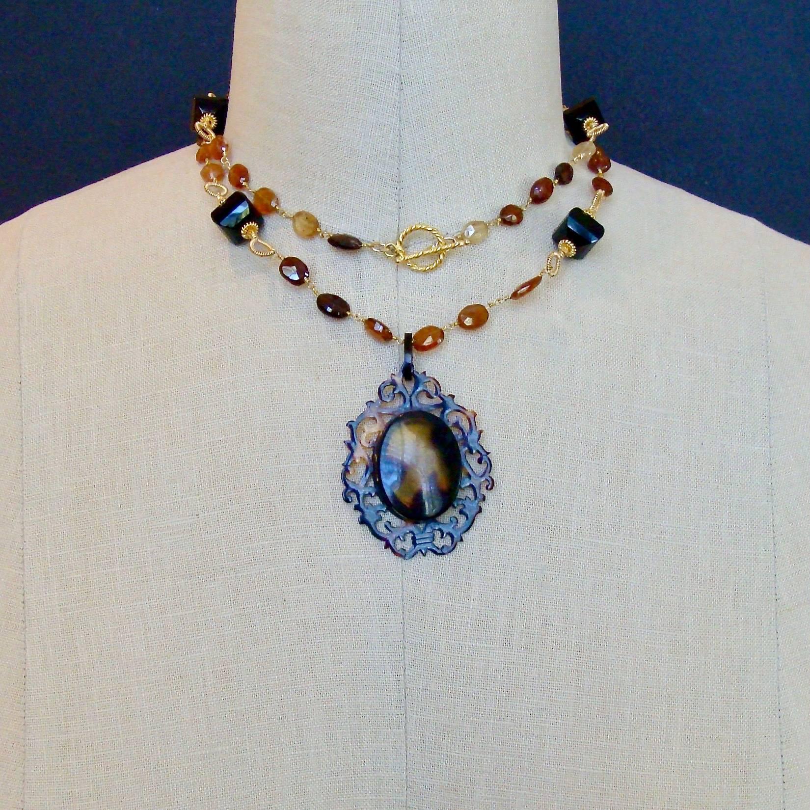 Victorian Celluloid Faux Tortoise Cartouche Locket and Hessonite Onyx Necklace 3