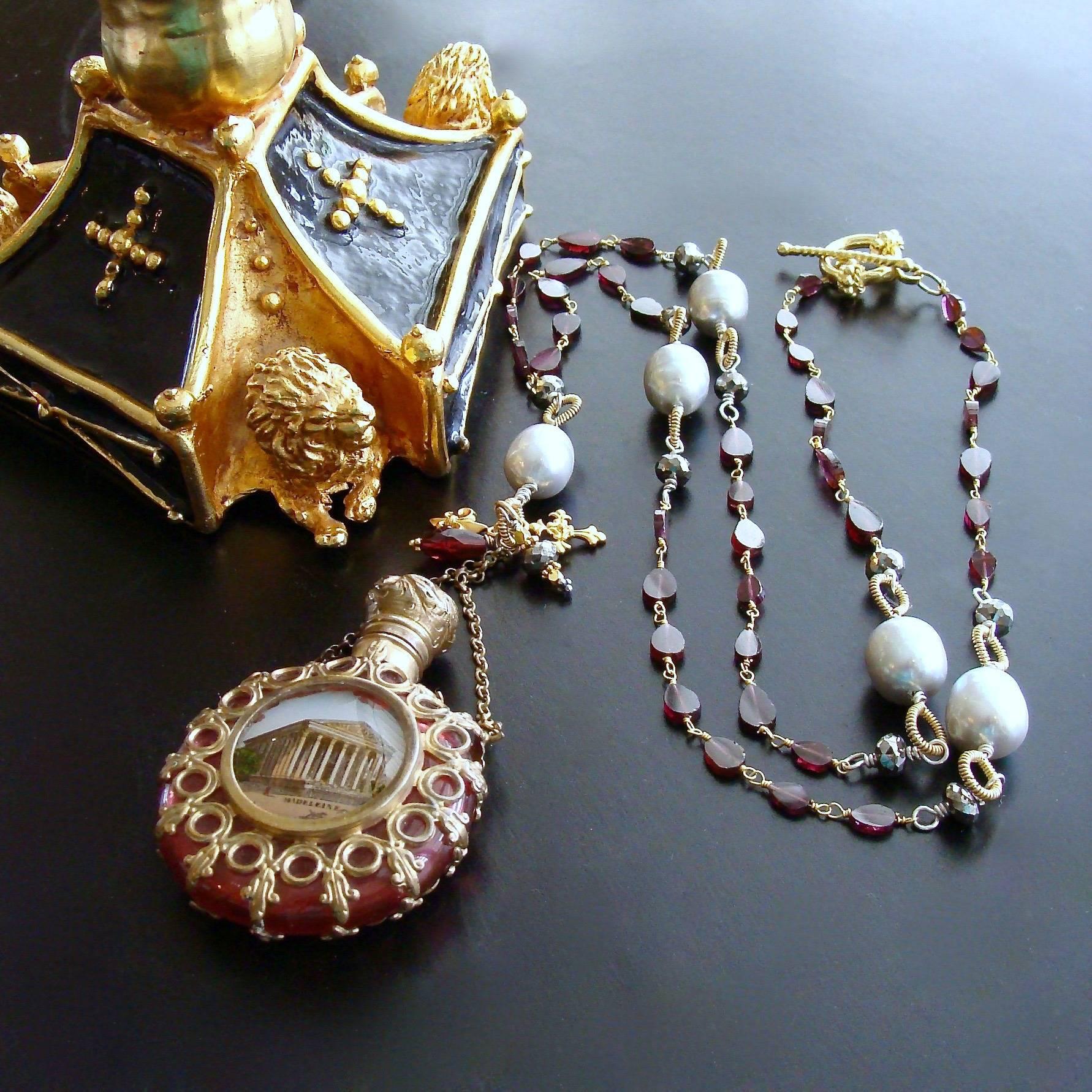 Victorian Garnet Pyrite Baroque Gray Pearls Parisian Cranberry Glass Chatelaine Bottle Nec