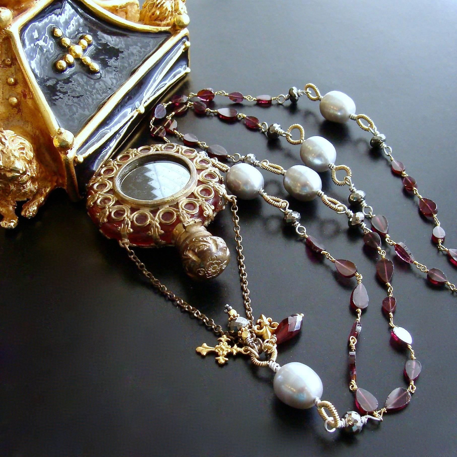 Garnet Pyrite Baroque Gray Pearls Parisian Cranberry Glass Chatelaine Bottle Nec In New Condition In Colleyville, TX