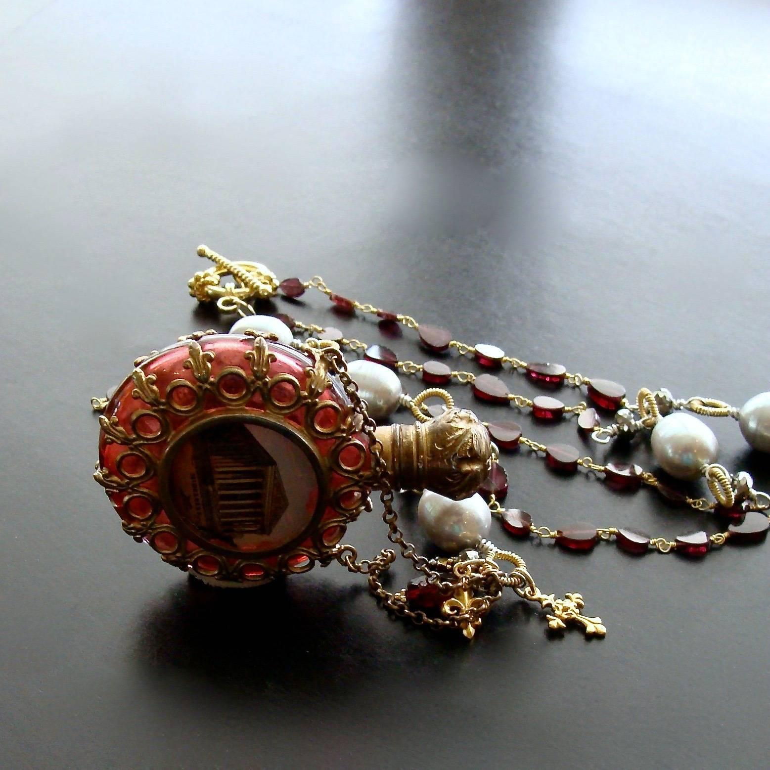 Women's Garnet Pyrite Baroque Gray Pearls Parisian Cranberry Glass Chatelaine Bottle Nec