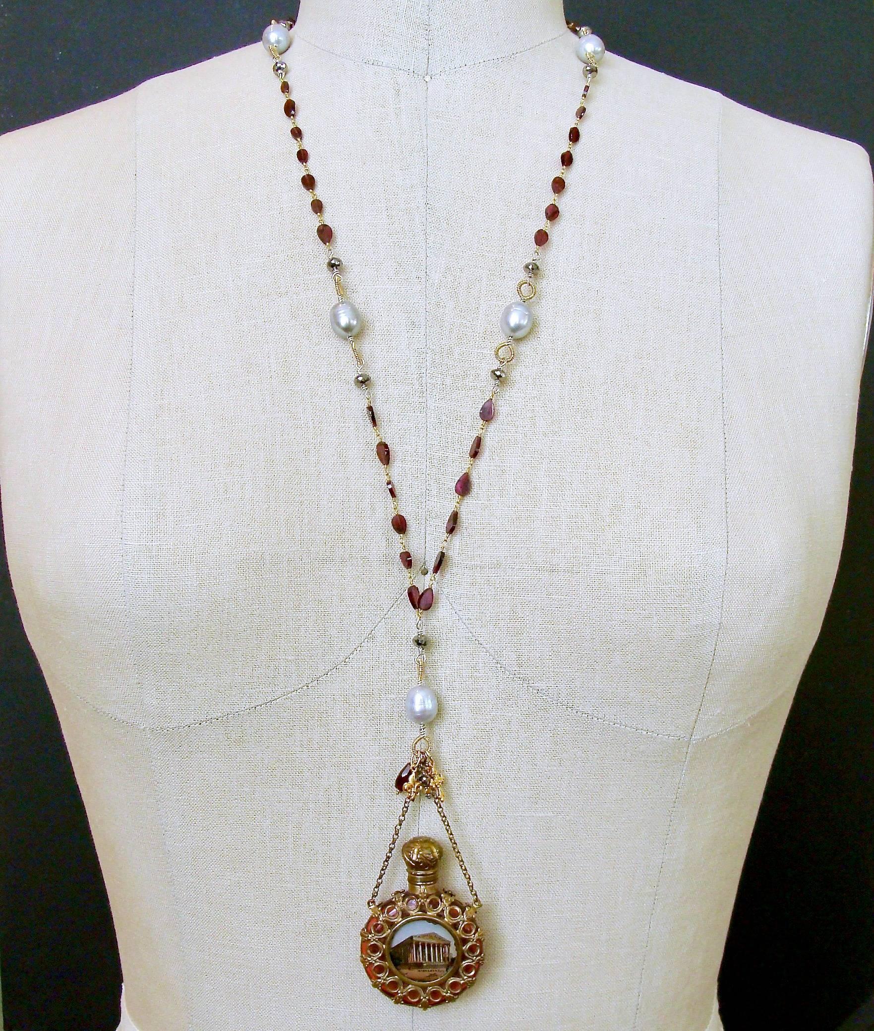 Garnet Pyrite Baroque Gray Pearls Parisian Cranberry Glass Chatelaine Bottle Nec 1