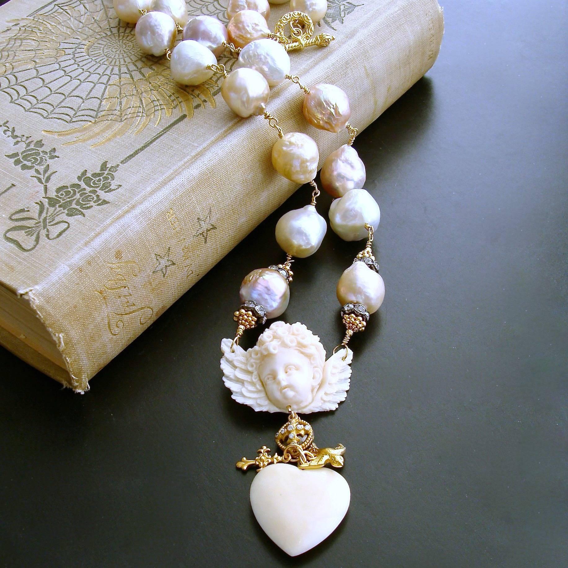 Victorian Multi Color Baroque Pearls EcoIvory Cherub Necklace