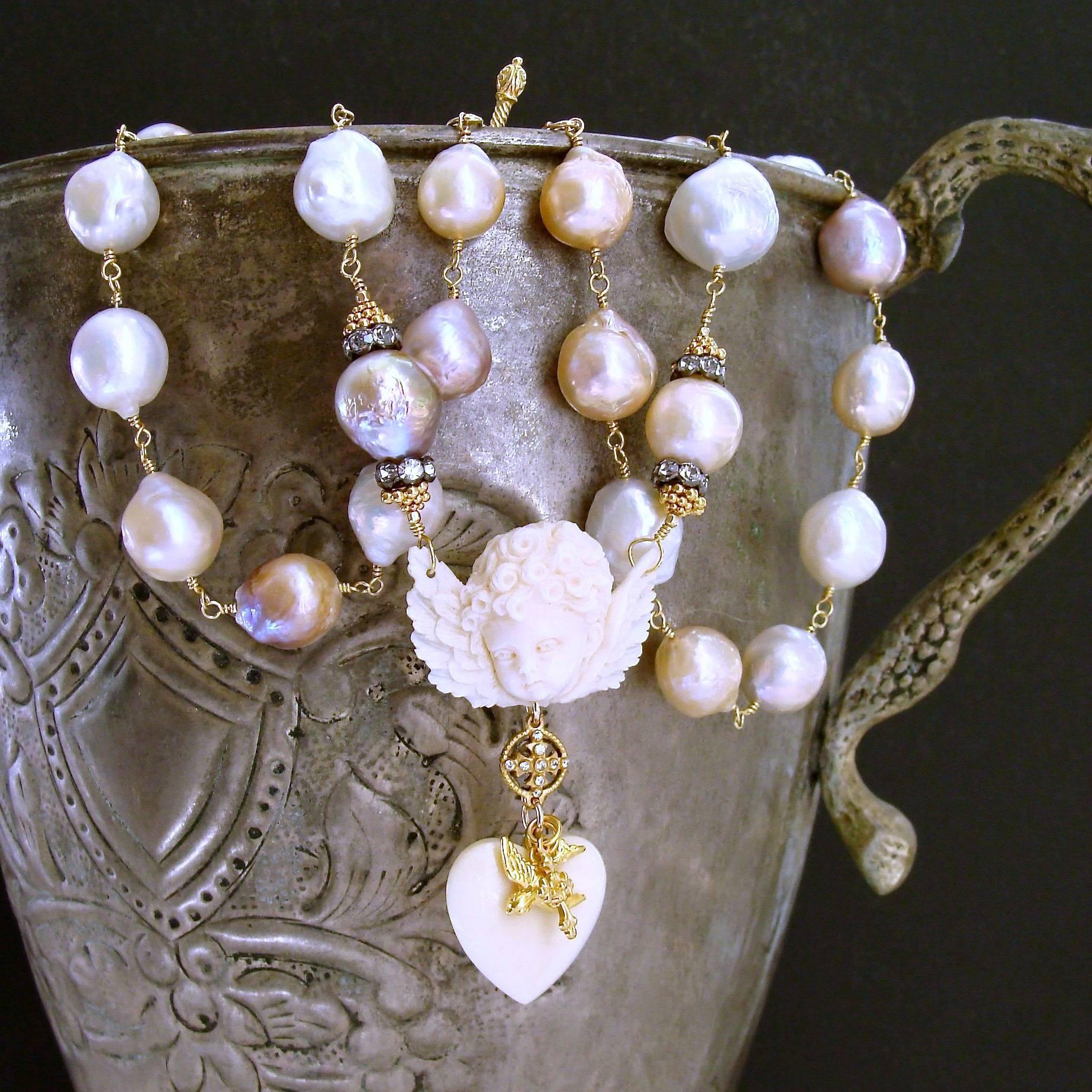 Multi Color Baroque Pearls EcoIvory Cherub Necklace In New Condition In Colleyville, TX