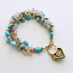 Gold Heart Mourning Locket Turquoise Pink Topaz Moonstone Cluster Bracelet