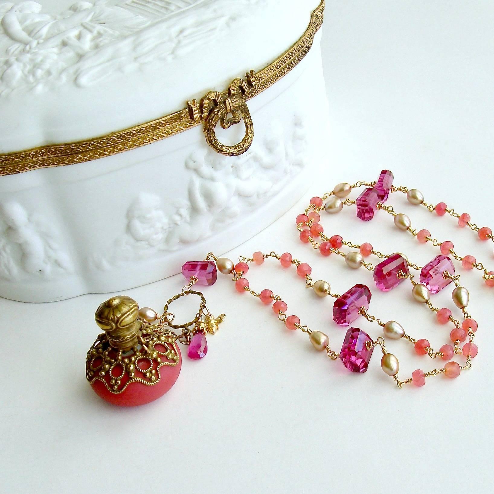 Salmon Chalcedony Pink Quartz Salmon Opaline Scent Bottle Necklace In New Condition In Colleyville, TX