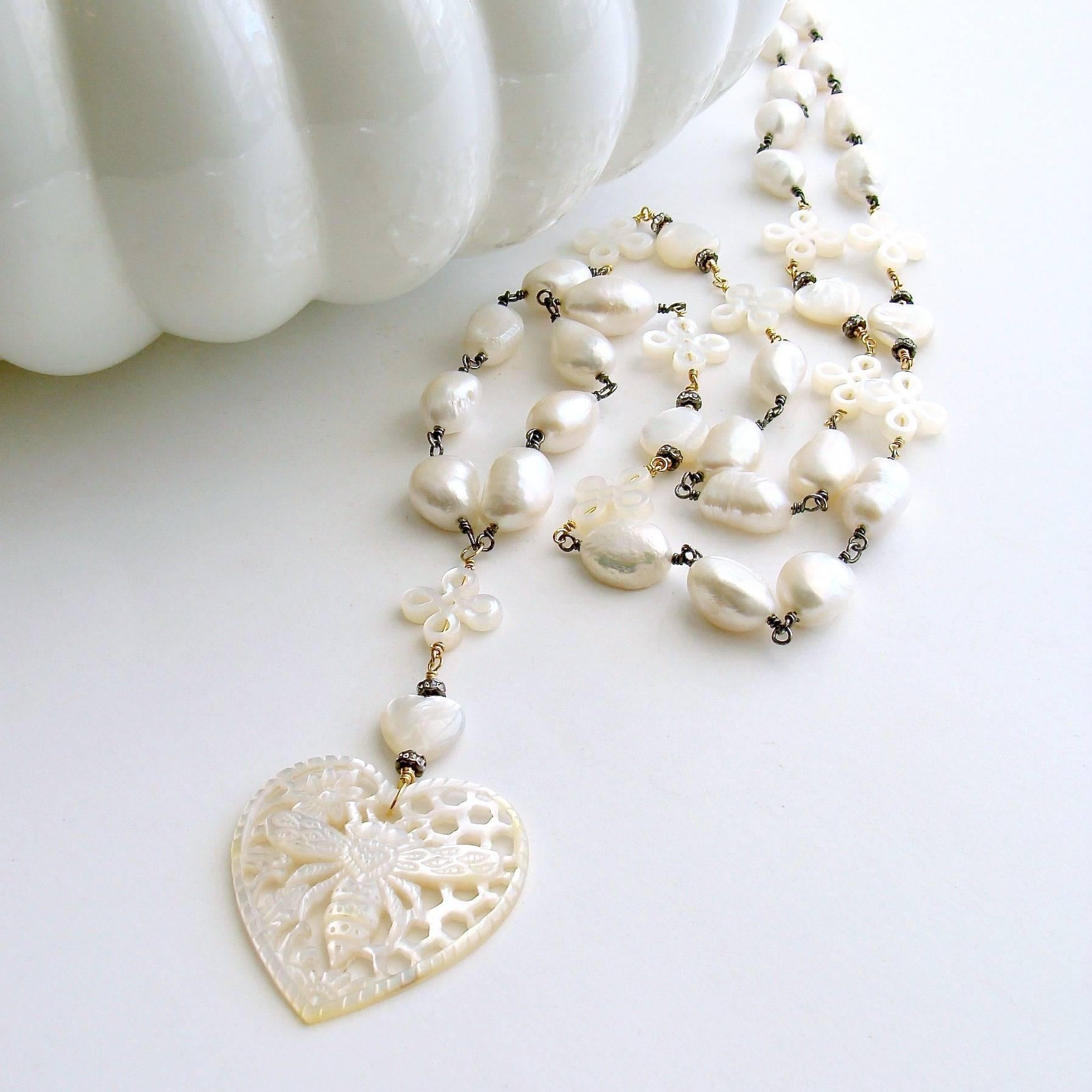 Artisan Baroque Freshwater Pearls Carved Mother-of-Pearl Queen Bee Heart Necklace