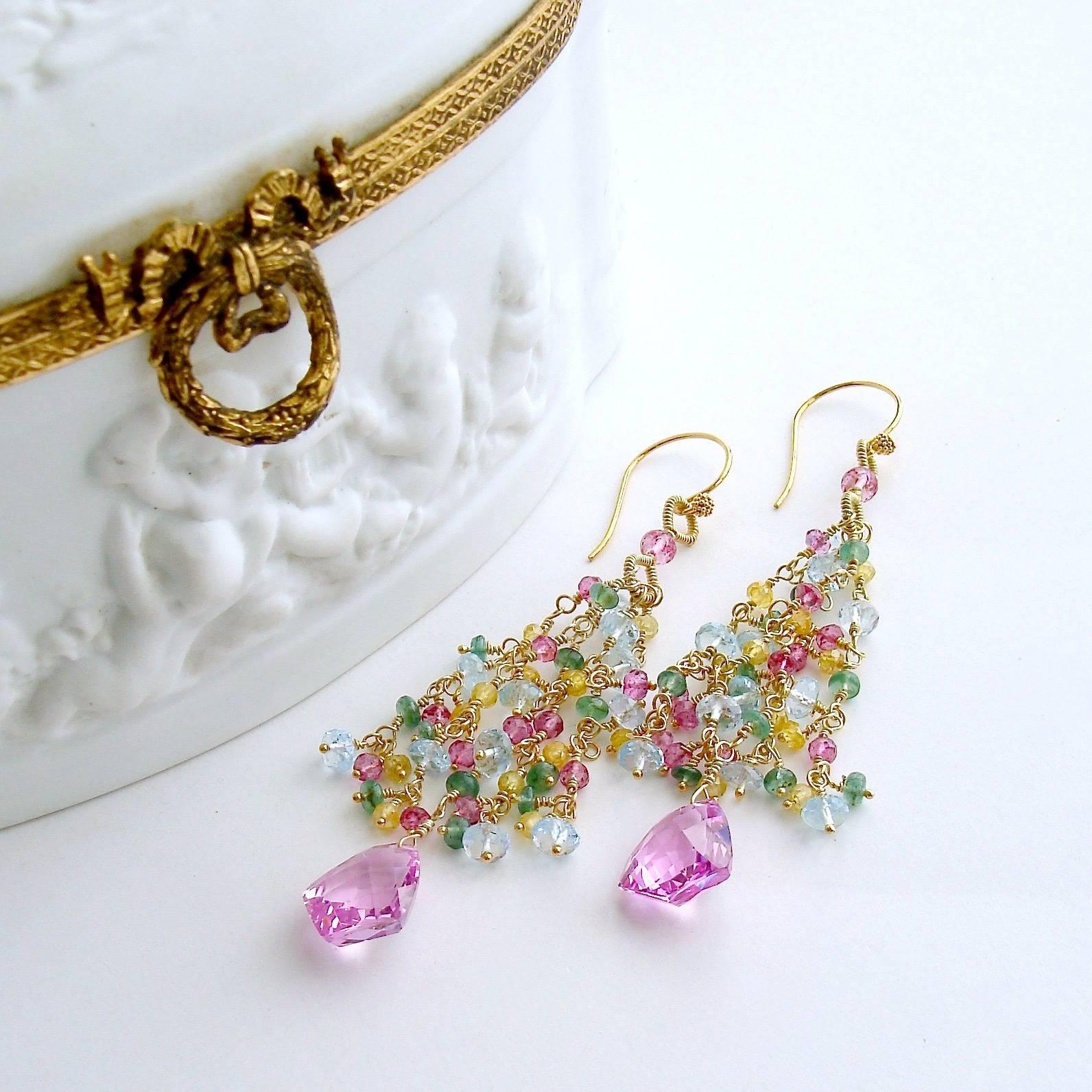 Artisan Pink Topaz Emerald Blue Topaz Yellow Zircon Tassel Earrings For Sale