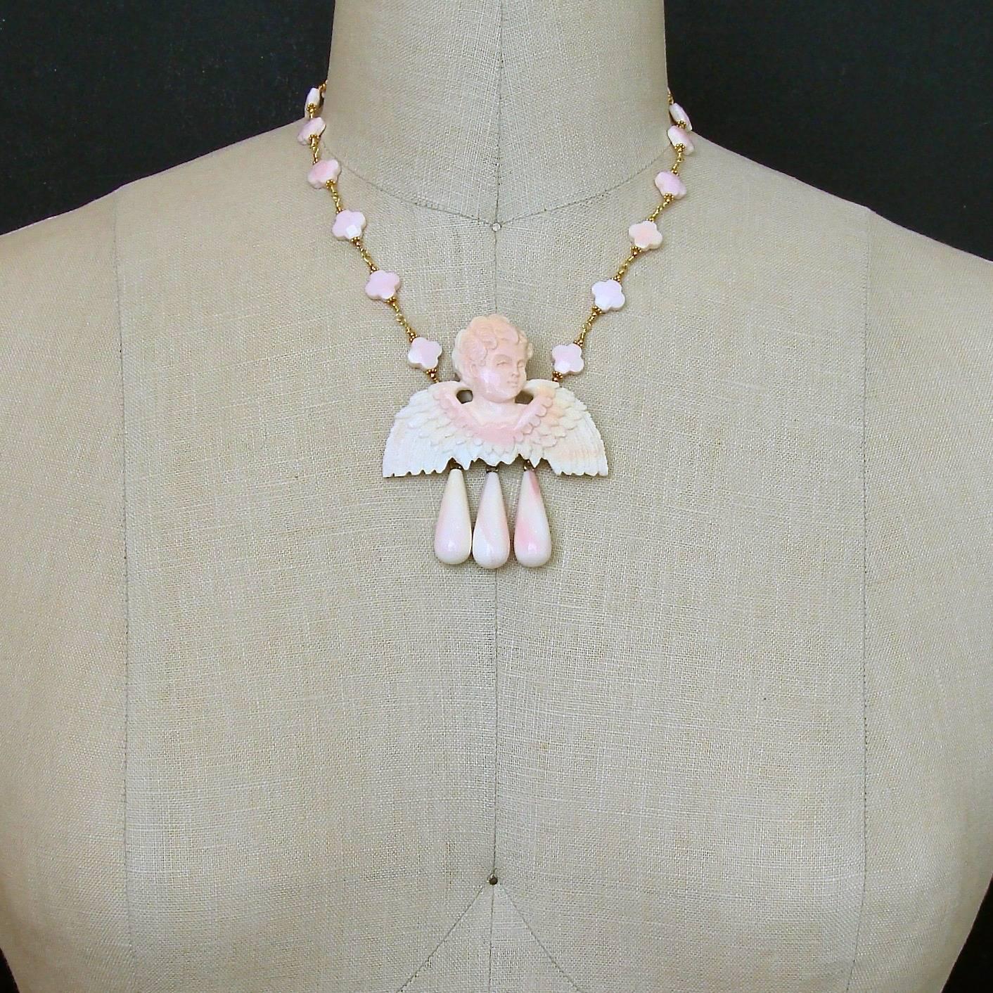 Victorian Pink Shell Cherub Angel Necklace