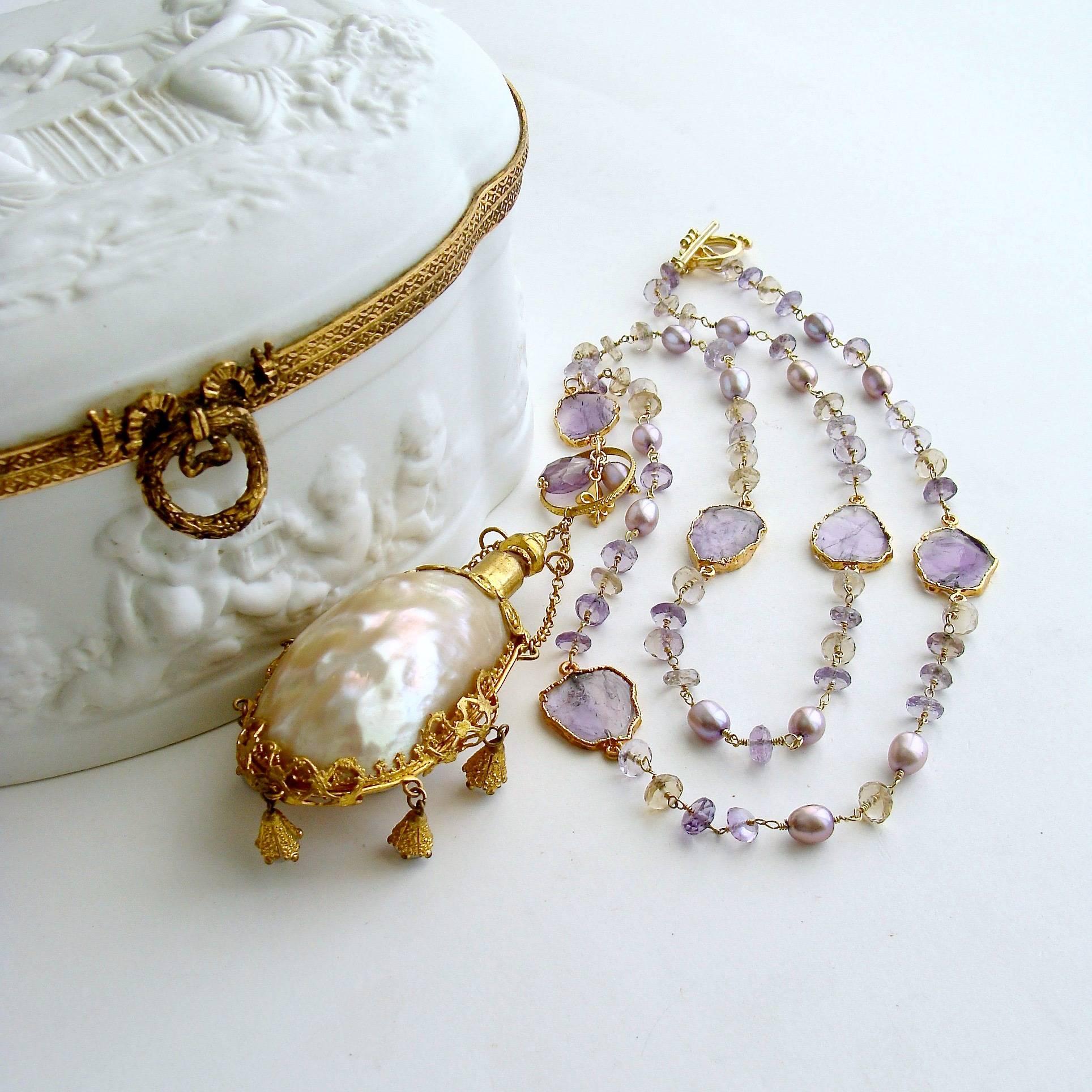 Ametrine Amethyst Slices Chatelaine Shell Scent Bottle Necklace In New Condition In Colleyville, TX
