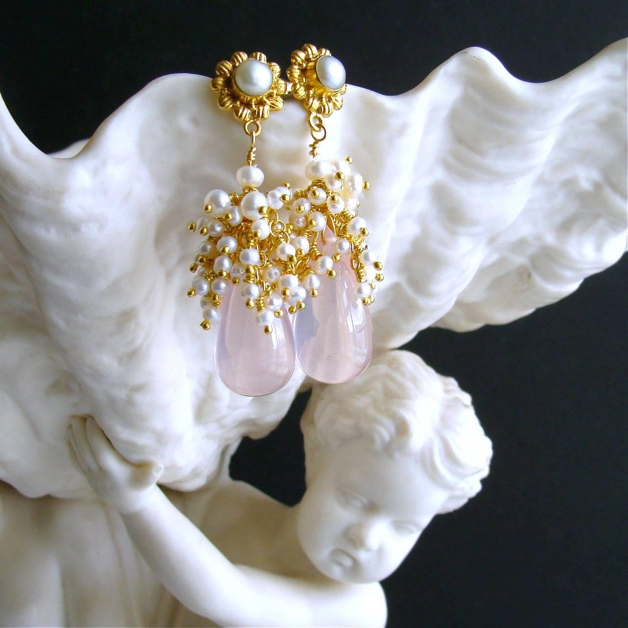 Artisan Rose Quartz Seed Pearl Cluster Earrings