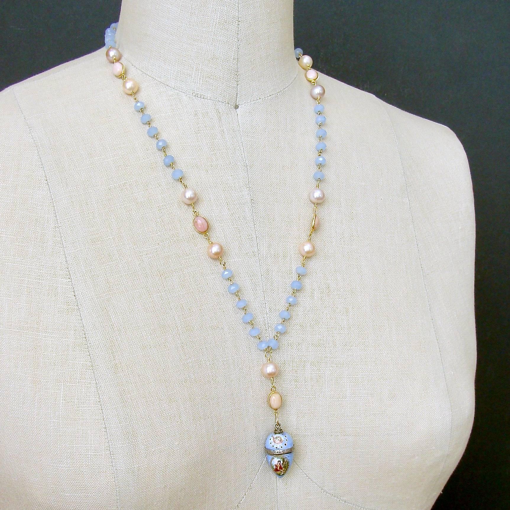 Austro-Hungarian Enamel Egg Vinaigrette Blue Chalcedony Pink Opal Necklace In New Condition In Colleyville, TX