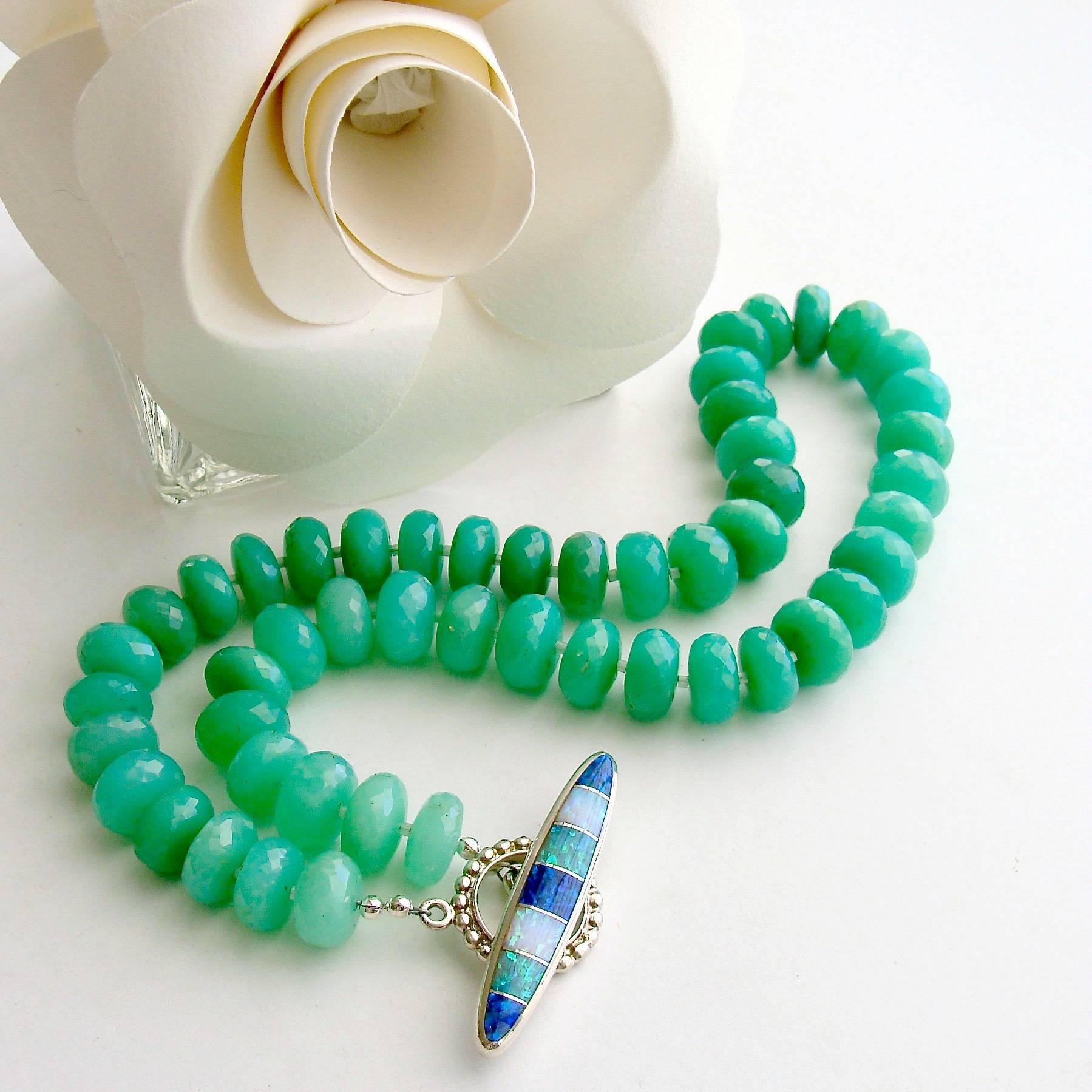 Courtney II Necklace.

Chrysoprase in recent years, has recently become the darling of the gem world and is one of the most searched stones on my website. I believe it is the fresh spearmint green color and ease of pairing with other stones that
