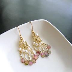 Afghan Watermelon Tourmaline Slices Pearls Chandelier Earrings