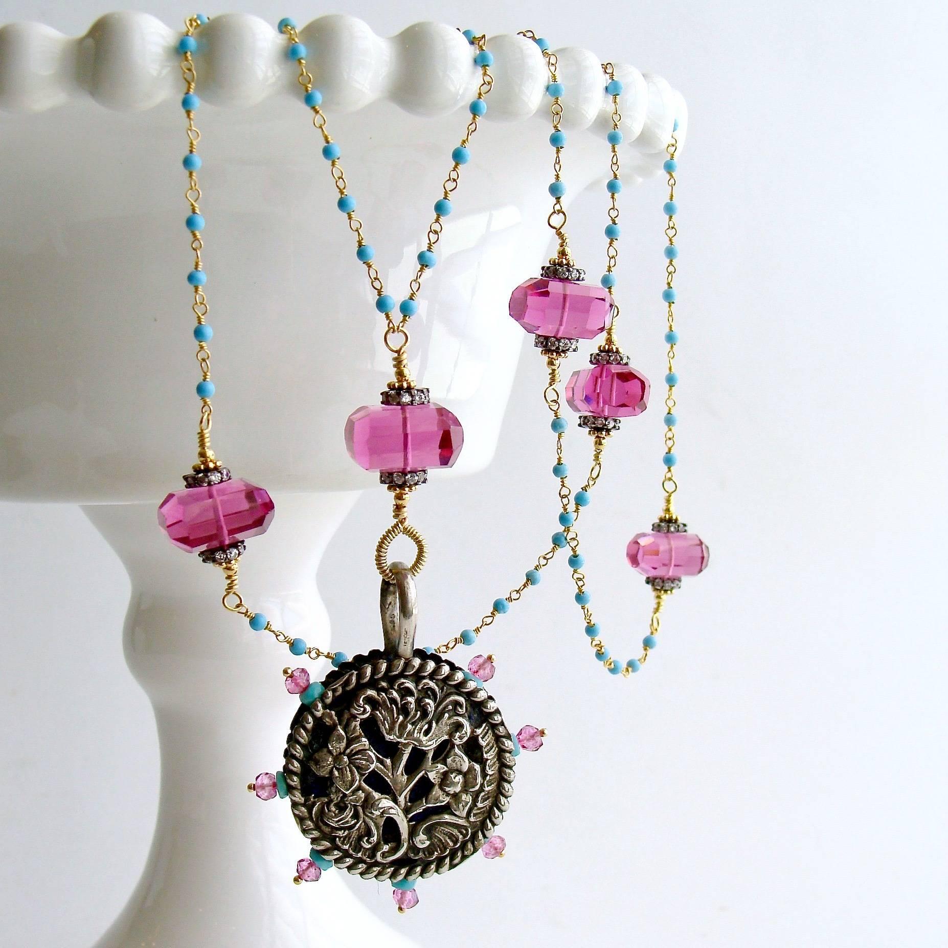 Turquoise Pink Topaz Pink Quartz Victorian Sterling Pin Wheel Necklace In New Condition In Colleyville, TX