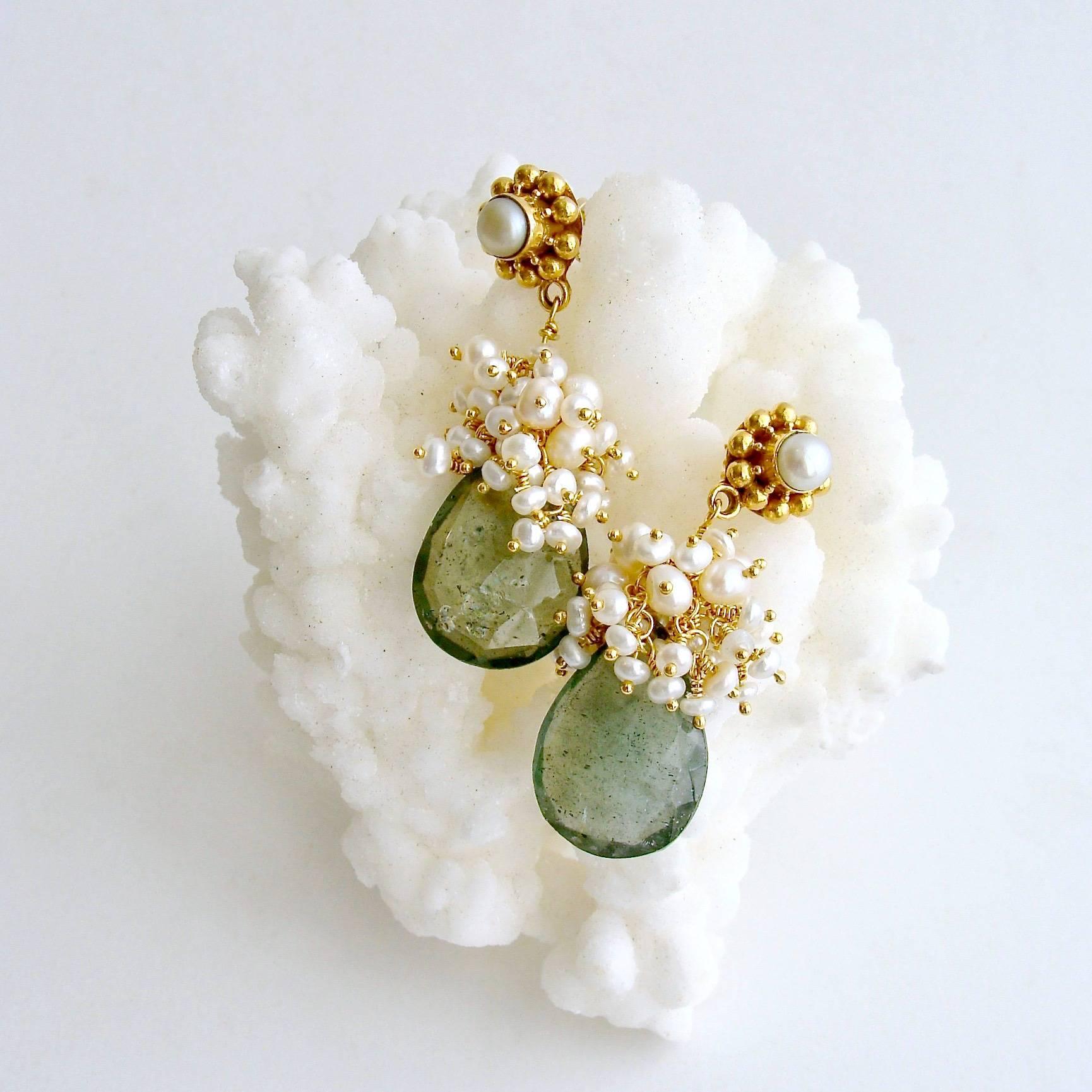Artisan Moss Aquamarine Pearl Clusters Earrings