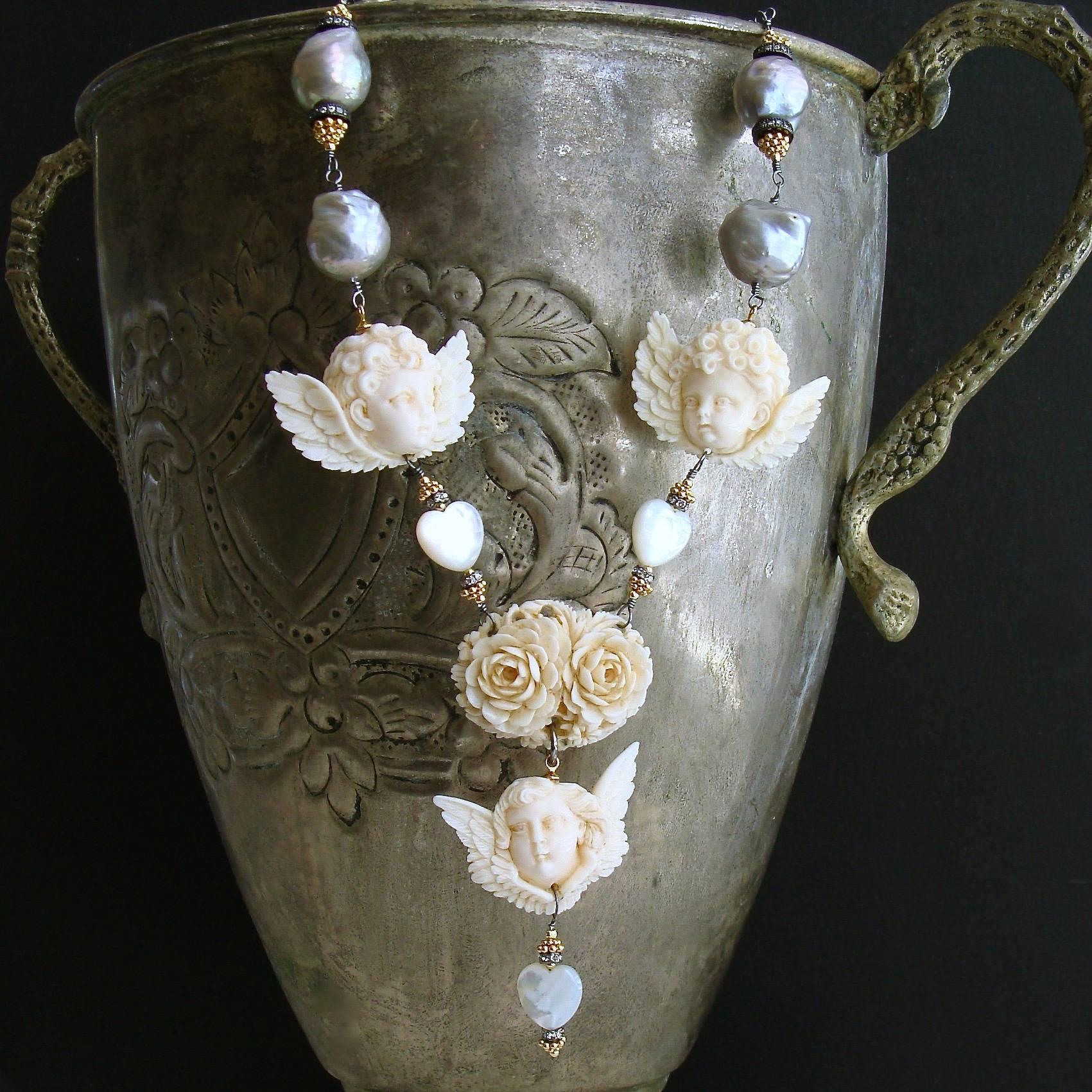 Victorian Gray Baroque Pearls EcoIvory Cherubs Necklace