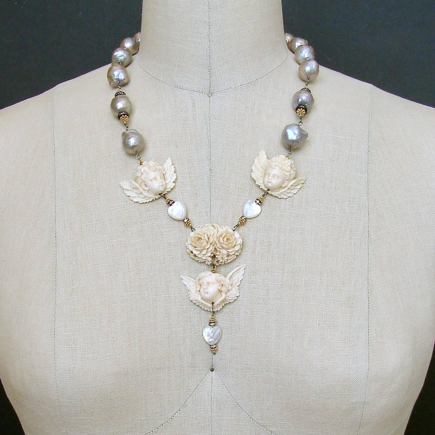 Gray Baroque Pearls EcoIvory Cherubs Necklace In New Condition In Colleyville, TX