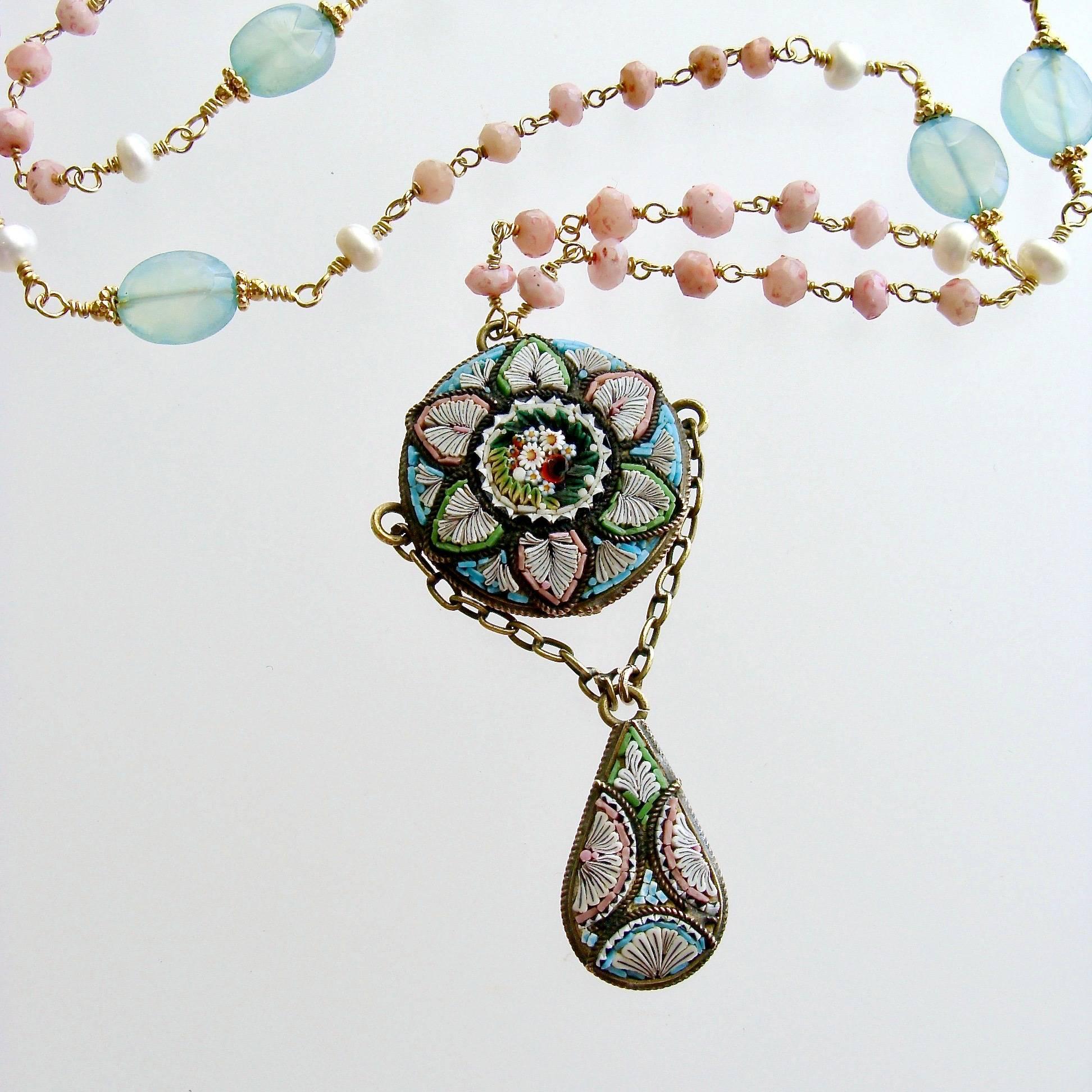 Victorian Peruvian Pink Opal Aqua Chalcedony Micro Mosaic Necklace