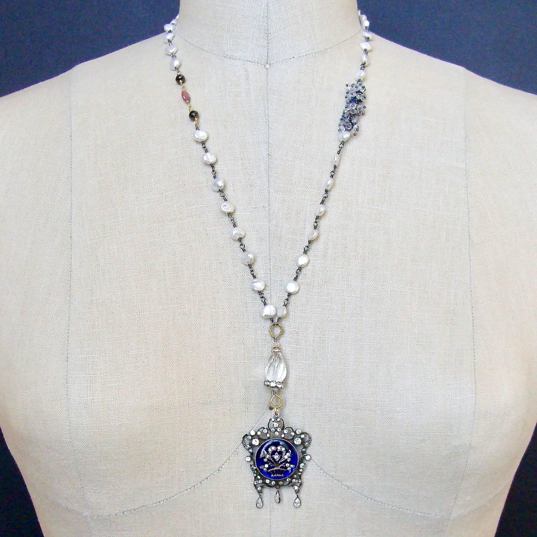 Keishi Pearls Kyanite Rock Crystal Georgian Enamel Silver Paste Necklace For Sale 2