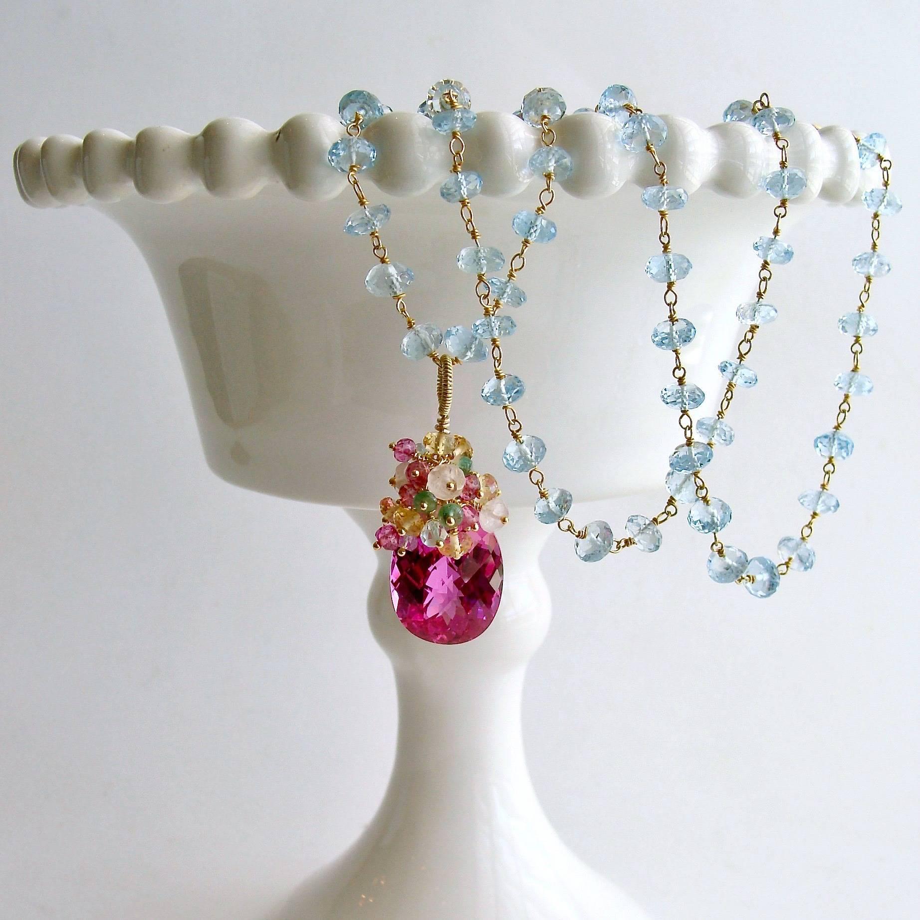 Artisan Blue Topaz Pink Topaz Emerald Citrine Cluster Necklace