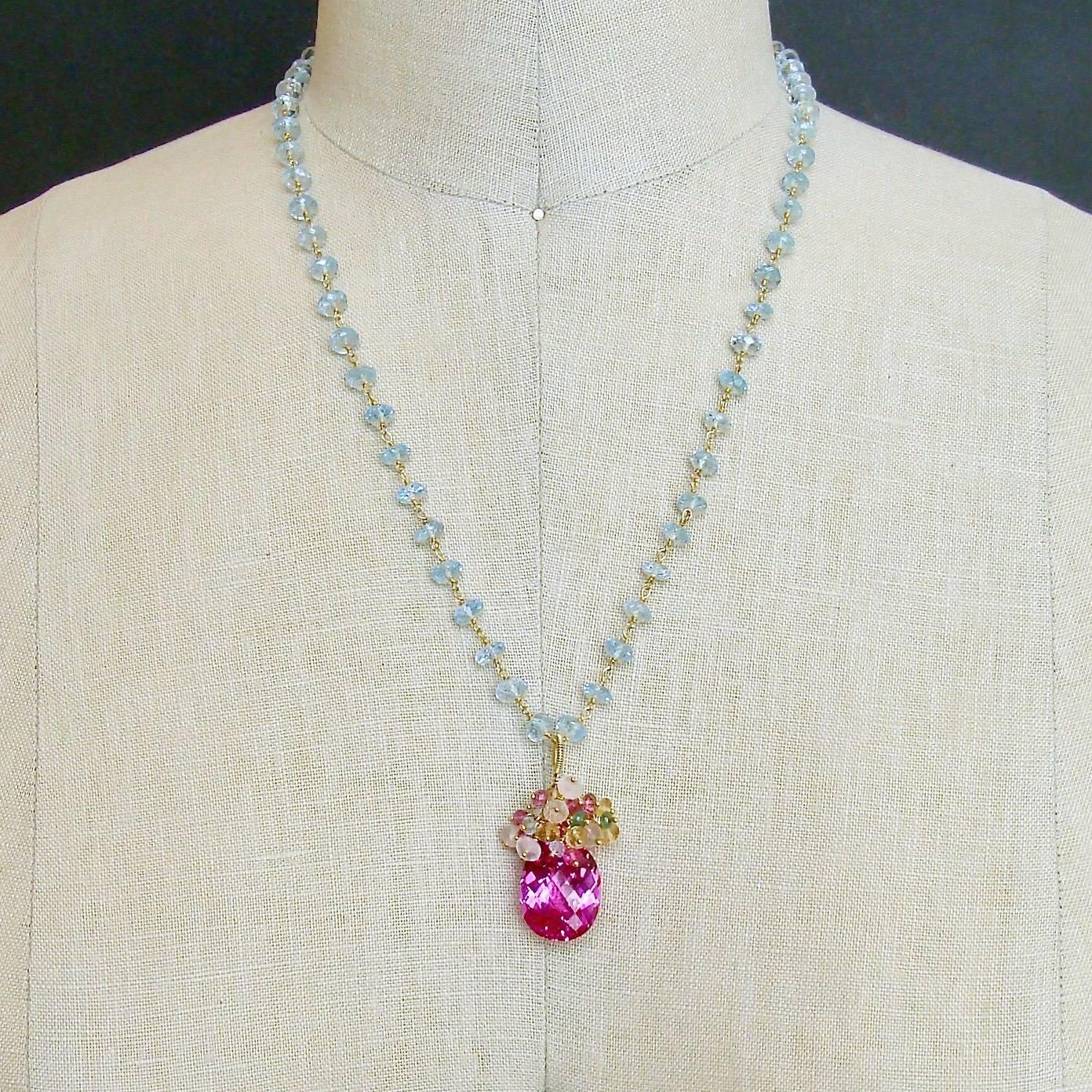 Women's Blue Topaz Pink Topaz Emerald Citrine Cluster Necklace