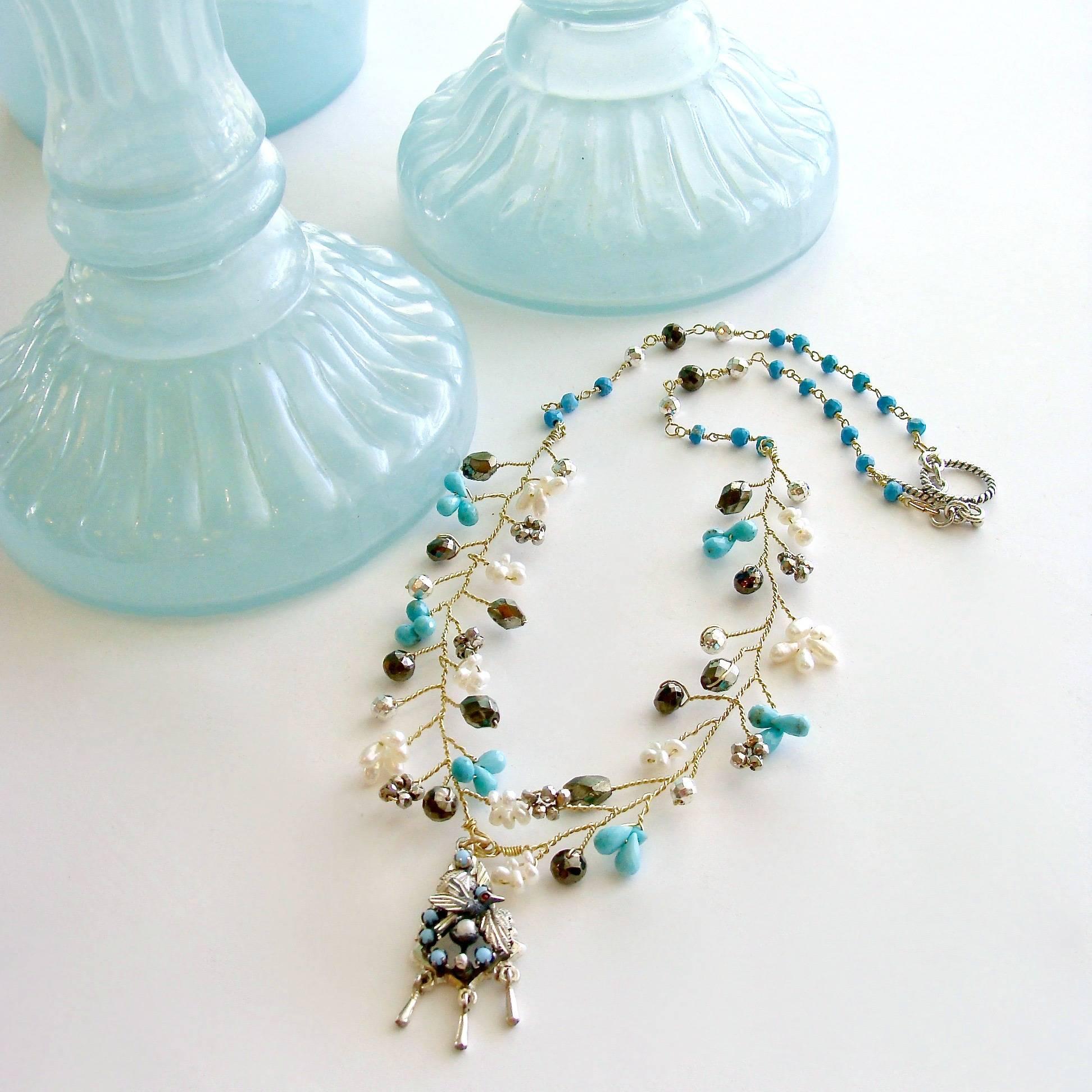 Victorian Turquoise Pyrite Pearls Pajaritos Pendant Necklace