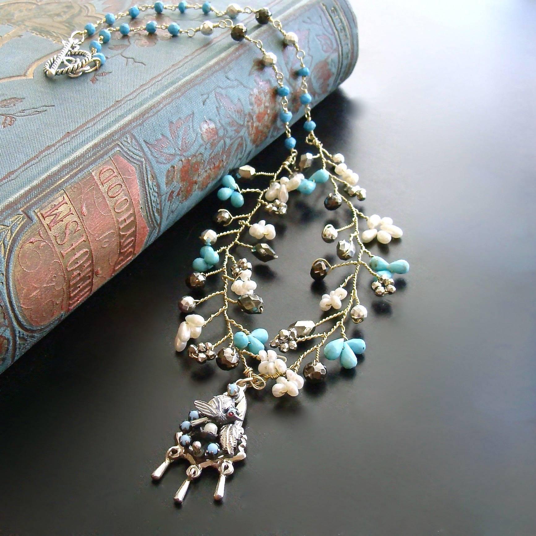Turquoise Pyrite Pearls Pajaritos Pendant Necklace In New Condition In Colleyville, TX