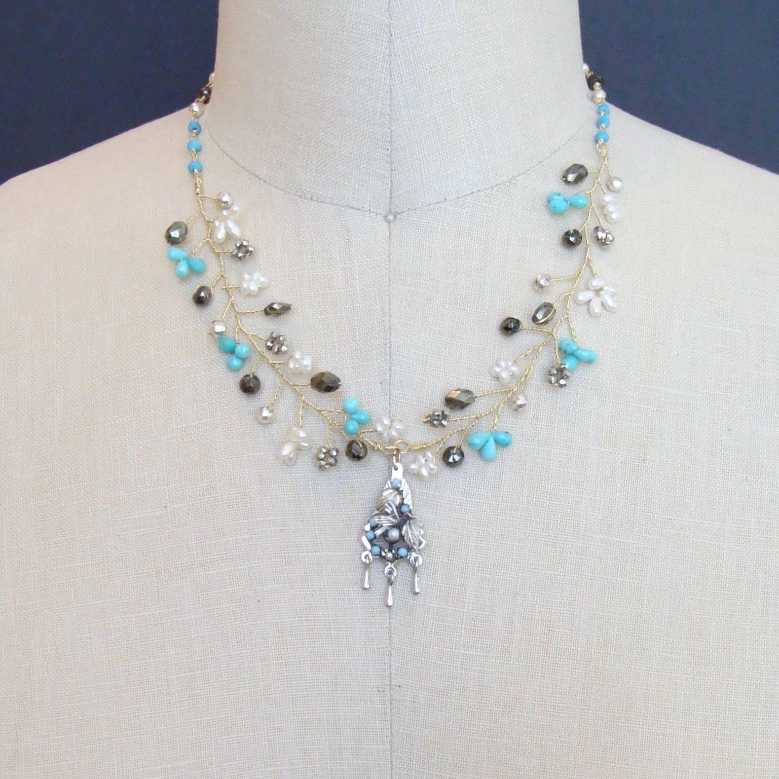 Women's Turquoise Pyrite Pearls Pajaritos Pendant Necklace